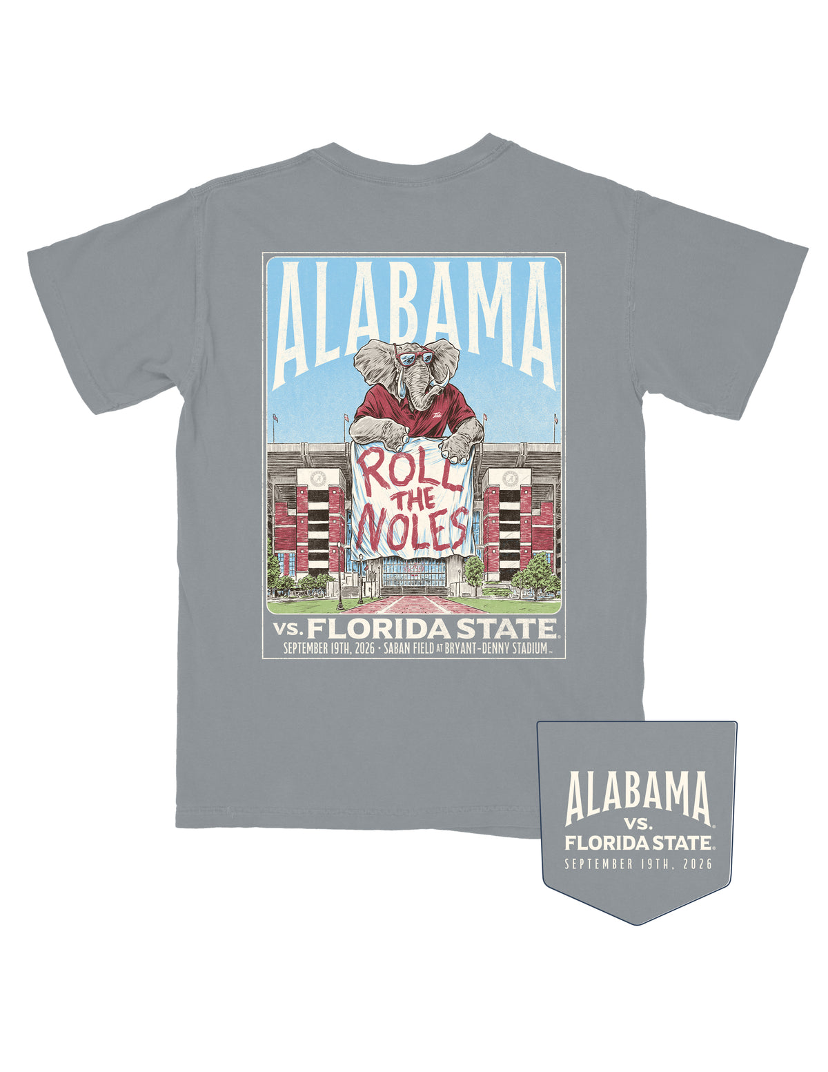 University of Alabama Grey Shirt with an illustration of Big Al hanging a “Roll the Noles” banner over Bryant-Denny Stadium
