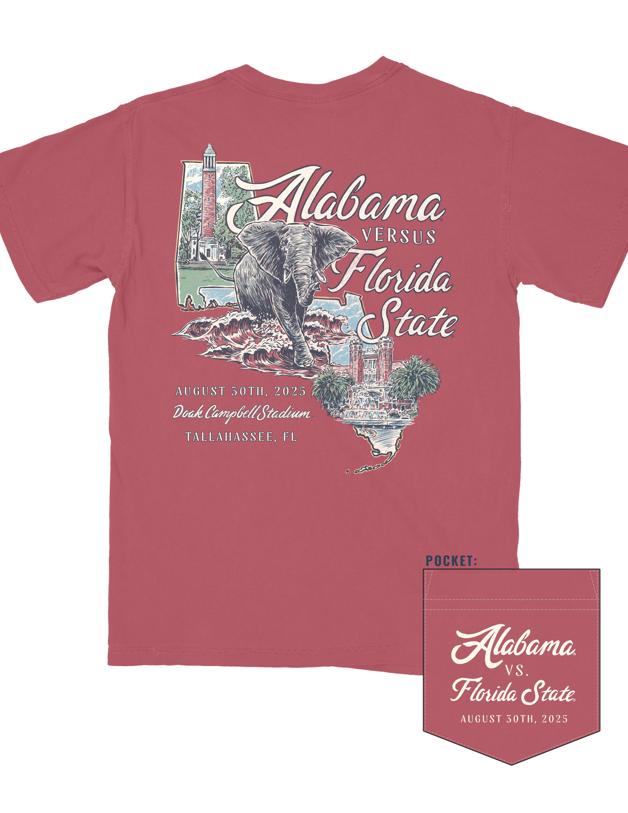 University of Alabama Red Shirt with an image of an elephant walking through a Red tide to overtake Florida State