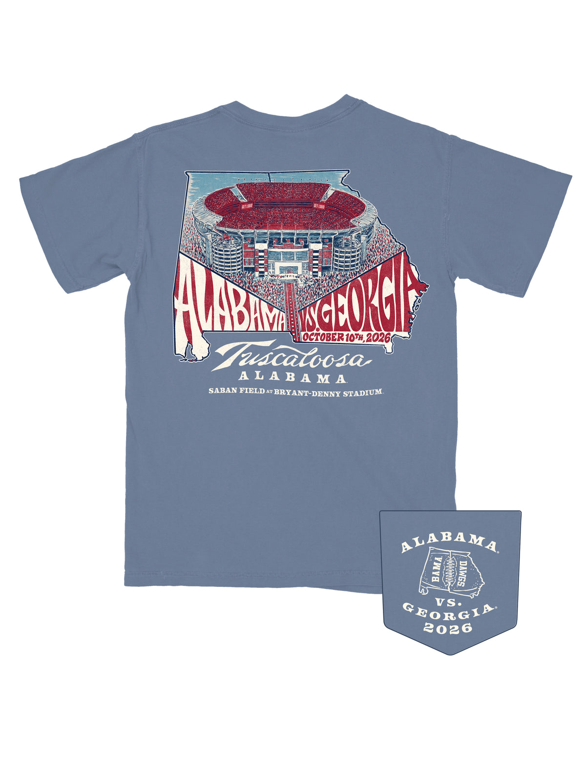 University of Alabama Dark Blue Shirt with an image of a crowded Bryant-Denny Stadium above Red and White text “Alabama vs Georgia” inside the Alabama and Georgia state outlines over White script “Tuscaloosa”