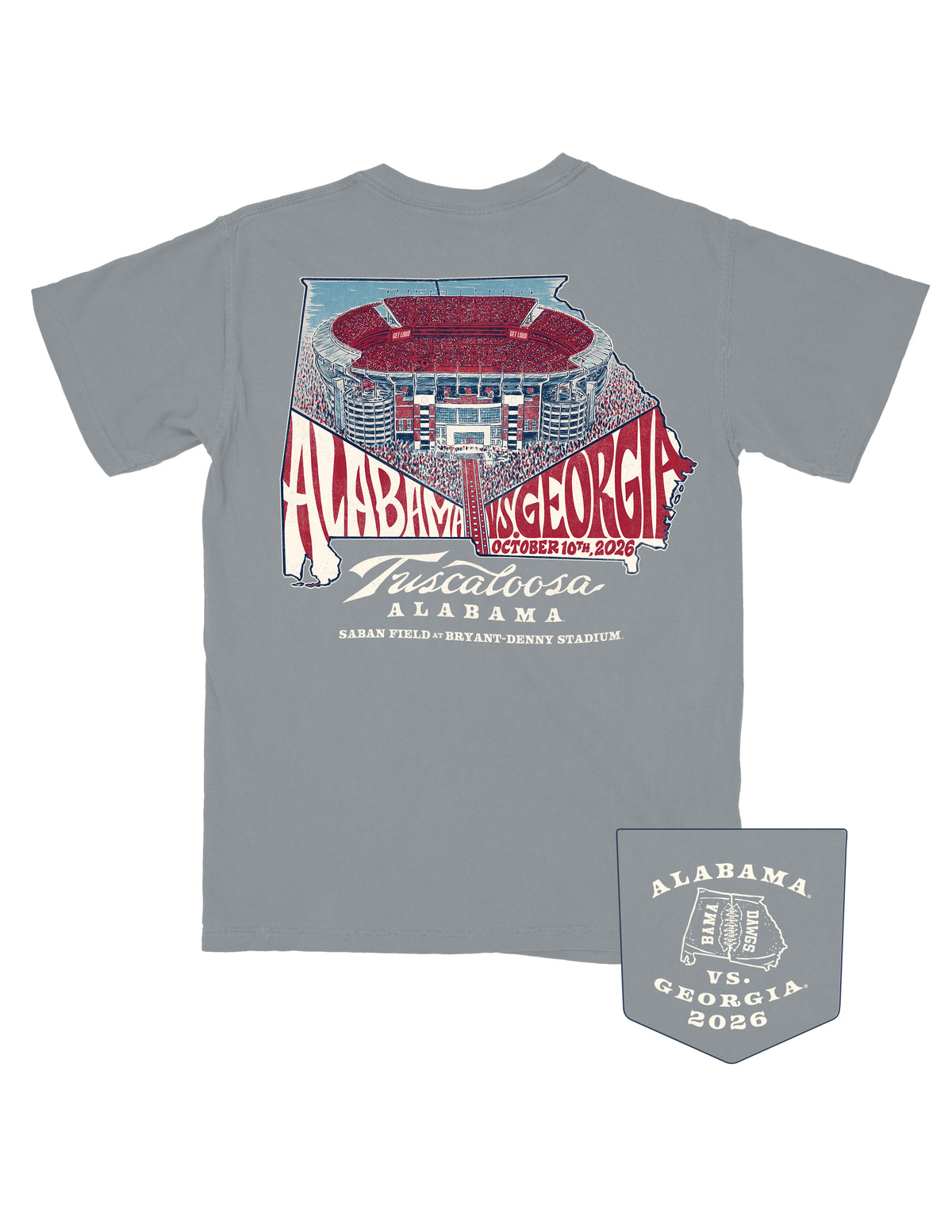 University of Alabama Grey Shirt with an image of a crowded Bryant-Denny Stadium above Red and White text “Alabama vs Georgia” inside the Alabama and Georgia state outlines over White script “Tuscaloosa”