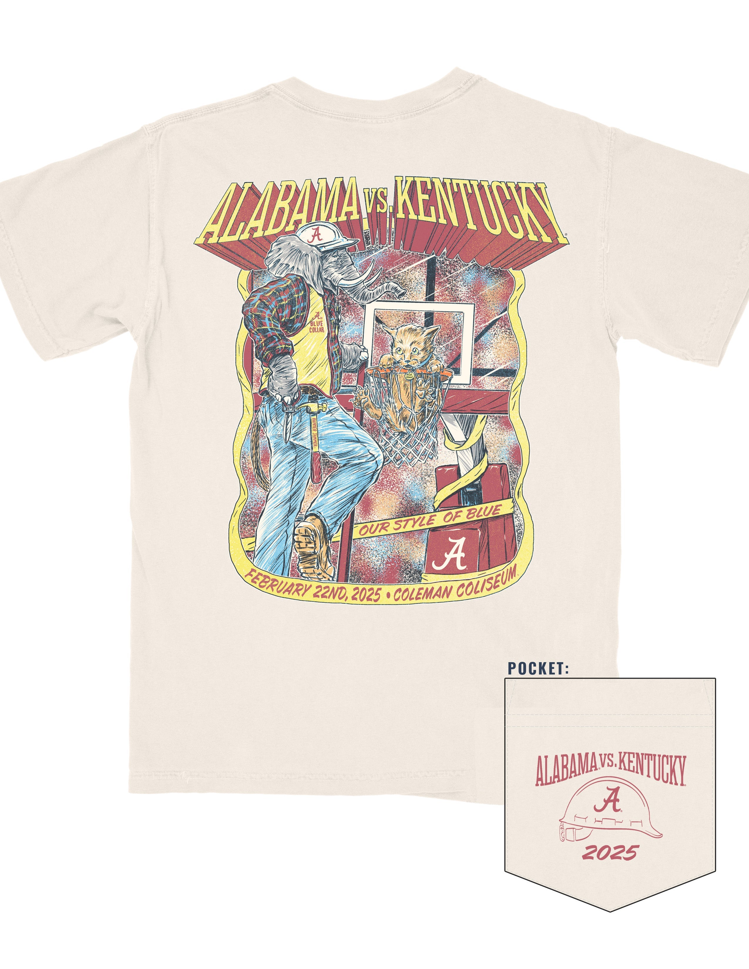 University of Alabama Alabama vs. Kentucky Basketball 2025 Ivory  Comfort Colors T-Shirt with Yellow text "Alabama vs. Kentucky" and an image of Big Al putting the Kentucky Wildcat into the Basketball Hoop