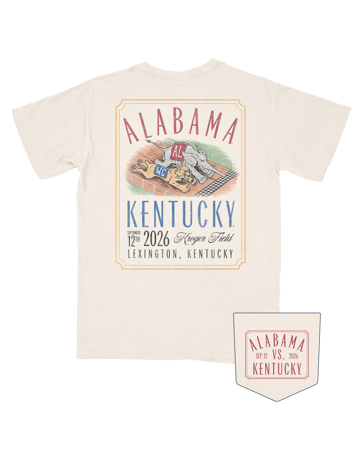 University of Alabama Ivory T-Shirt with a distressed vintage ticket-style illustration of the Kentucky Wildcat and Big Al about to cross the finish line in a derby race