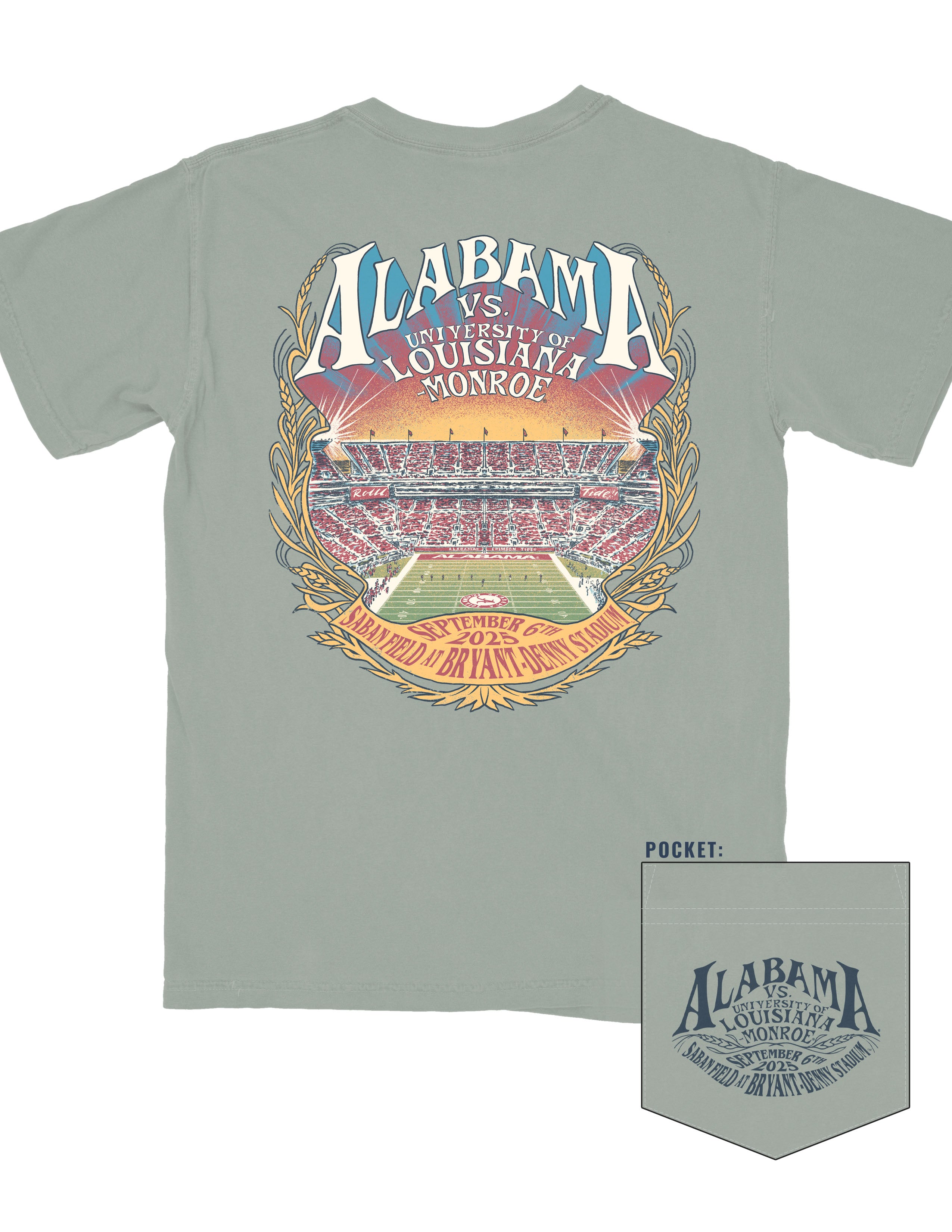 University of Alabama Green T-Shirt with text “Alabama vs. Louisiana Monroe” above a crowded Bryant-Denny Stadium