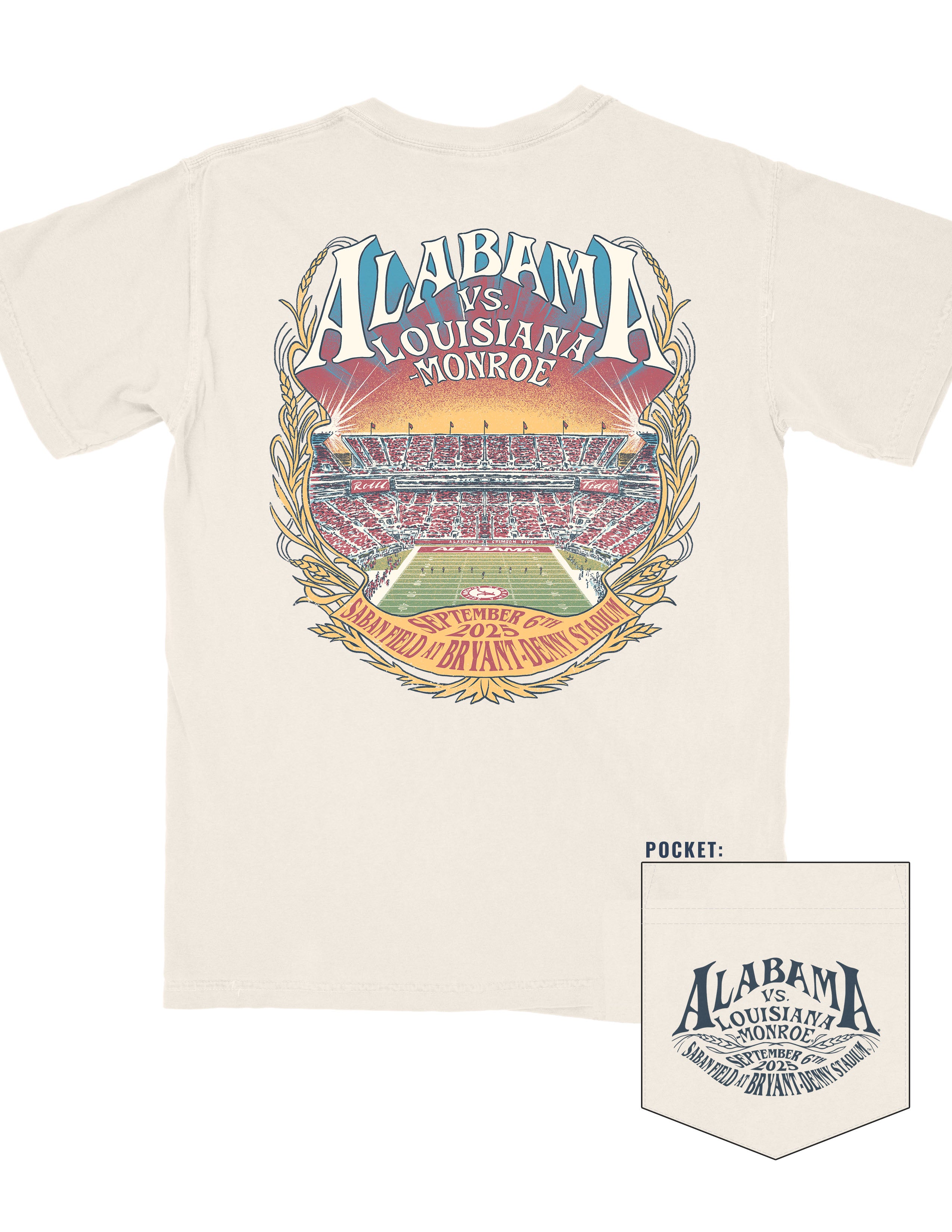 University of Alabama Ivory T-Shirt with text “Alabama vs. Louisiana Monroe” above a crowded Bryant-Denny Stadium