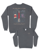 University of Alabama Dark Grey Sweatshirt with an illustration of Denny Chimes inside a swamp with the Alabama state outline on the left and the Louisiana State outline on the right.