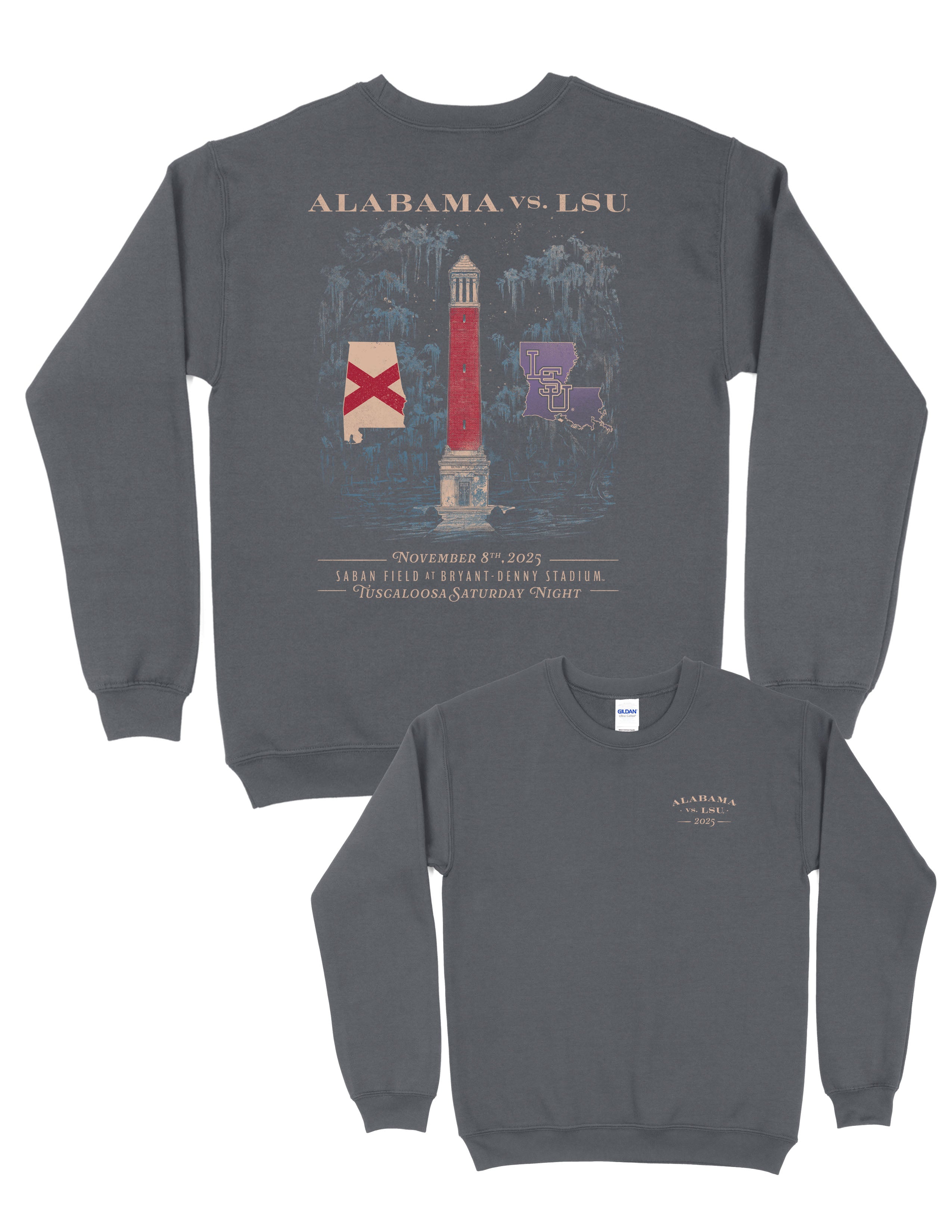 University of Alabama Dark Grey Sweatshirt with an illustration of Denny Chimes inside a swamp with the Alabama state outline on the left and the Louisiana State outline on the right.