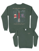 University of Alabama Dark Green Sweatshirt with an illustration of Denny Chimes inside a swamp with the Alabama state outline on the left and the Louisiana State outline on the right.