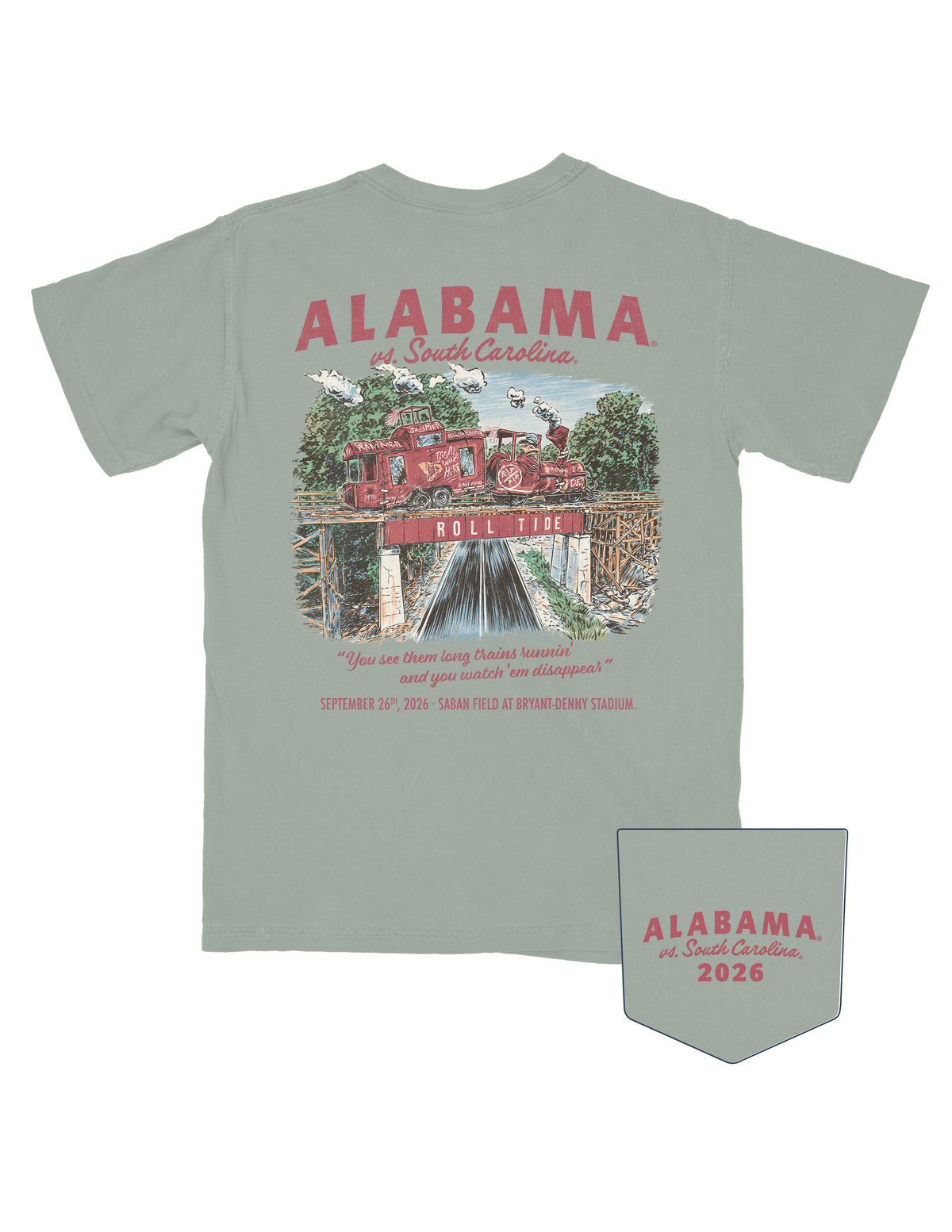 University of Alabama Bay T-Shirt with Red text “Alabama | vs South Carolina” over an image of a dented train chugging over the Downtown Northport railroad tracks