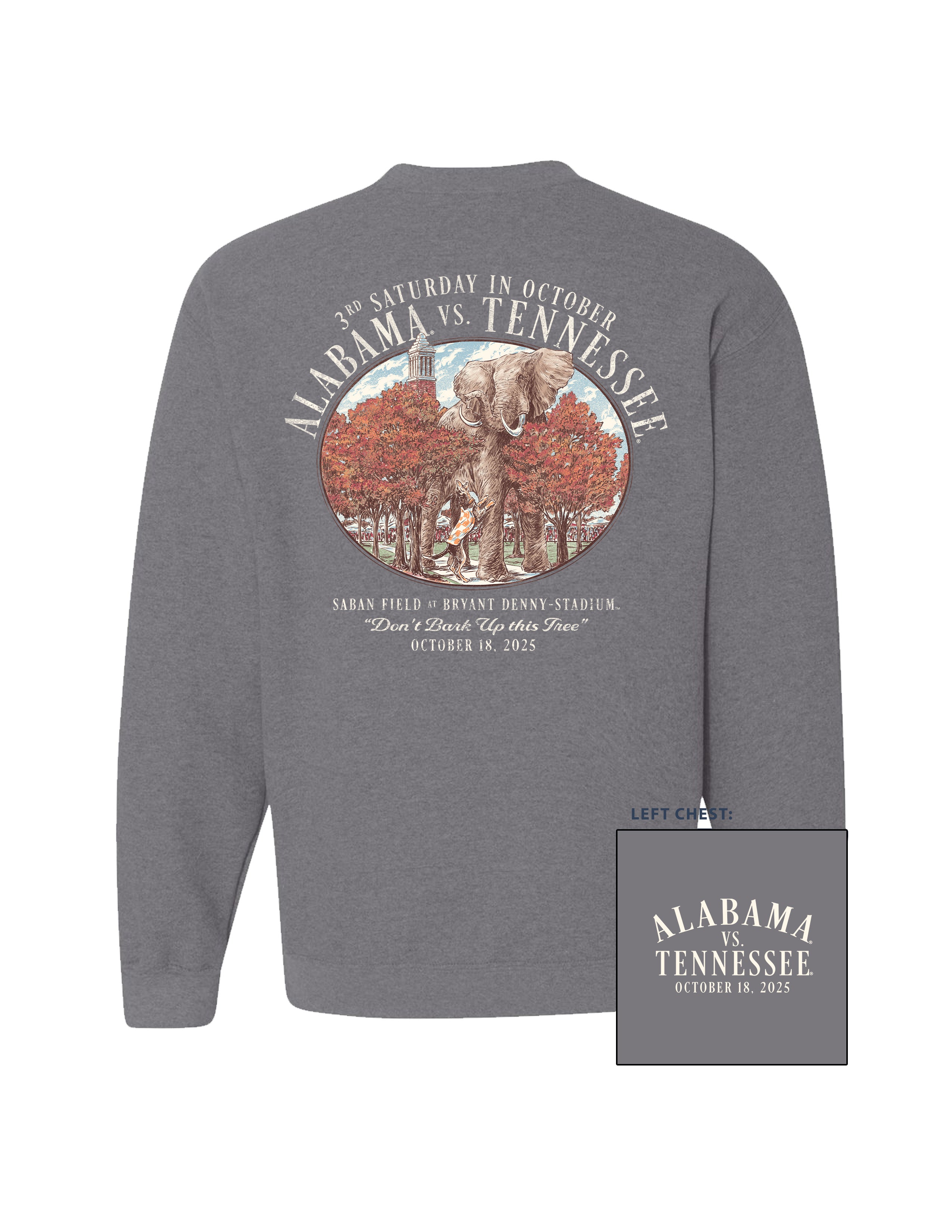 University of Alabama Grey Sweatshirt with an illustration of an elephant smashing Tennessee memorabilia