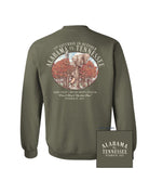 University of Alabama Army Green Sweatshirt with an illustration of an elephant smashing Tennessee memorabilia