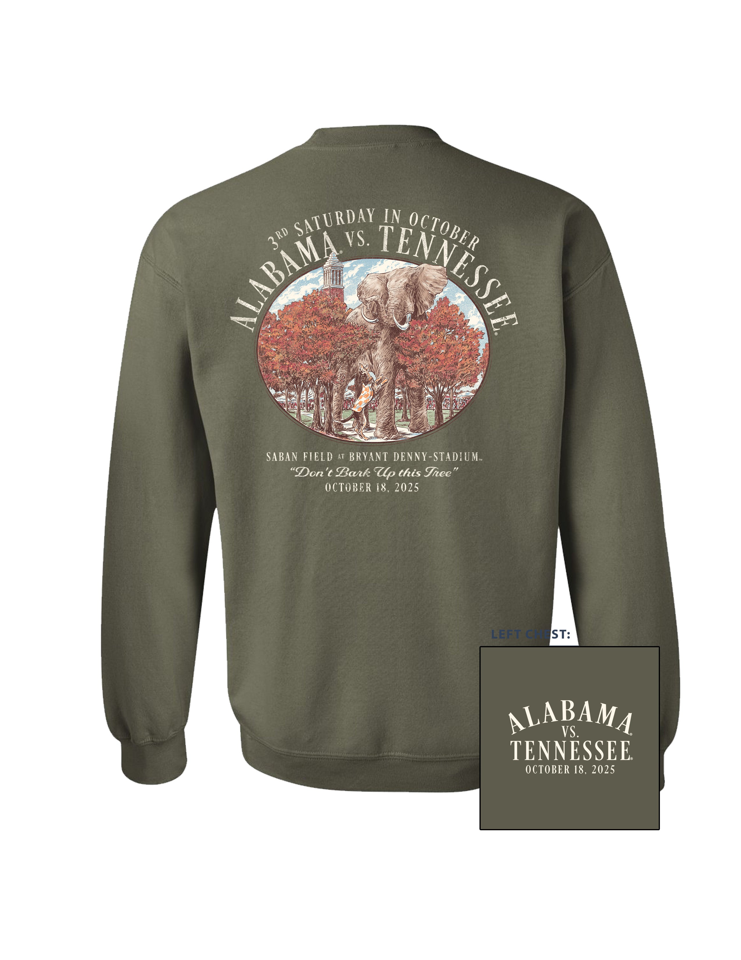University of Alabama Army Green Sweatshirt with an illustration of an elephant smashing Tennessee memorabilia