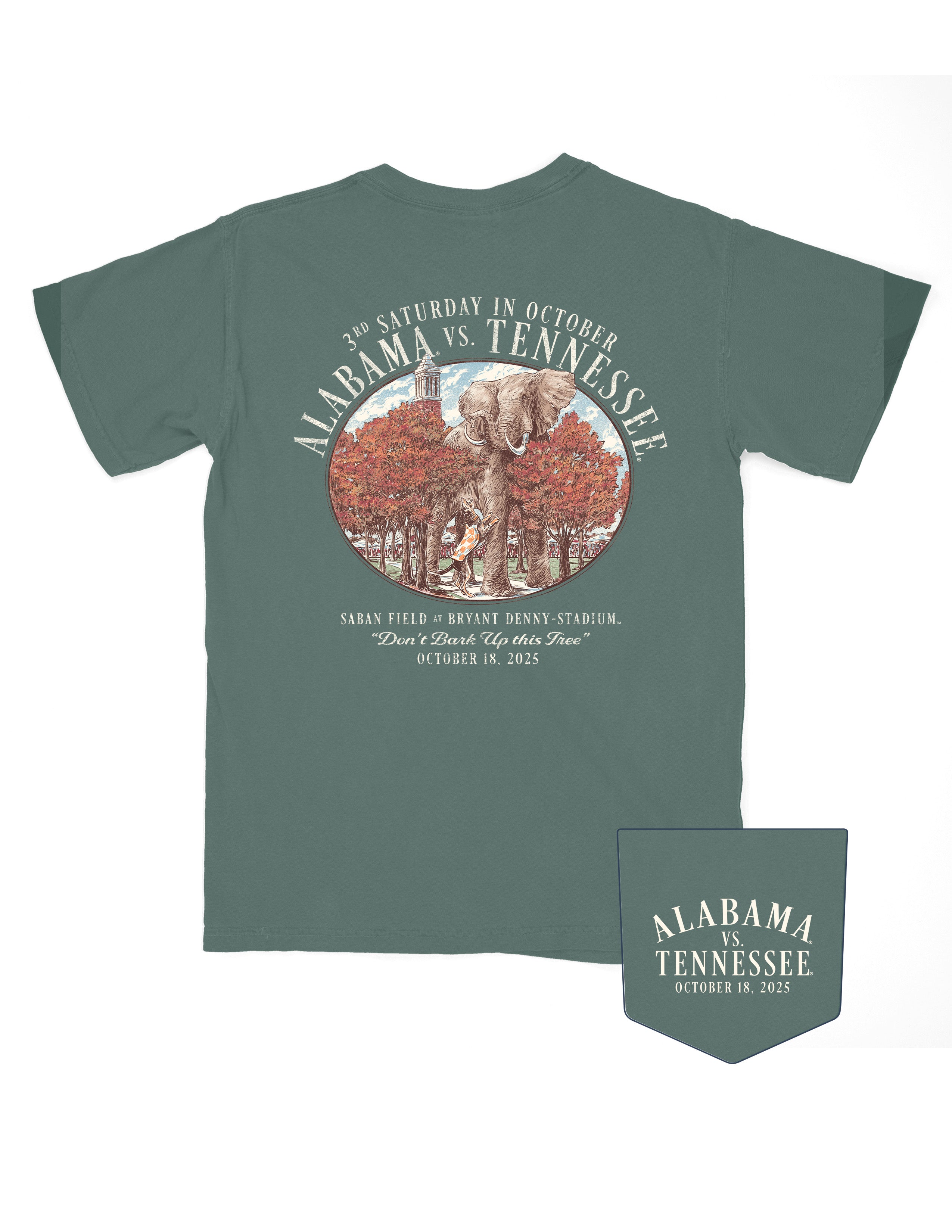 University of Alabama Green T-Shirt with an illustration of an elephant smashing Tennessee memorabilia