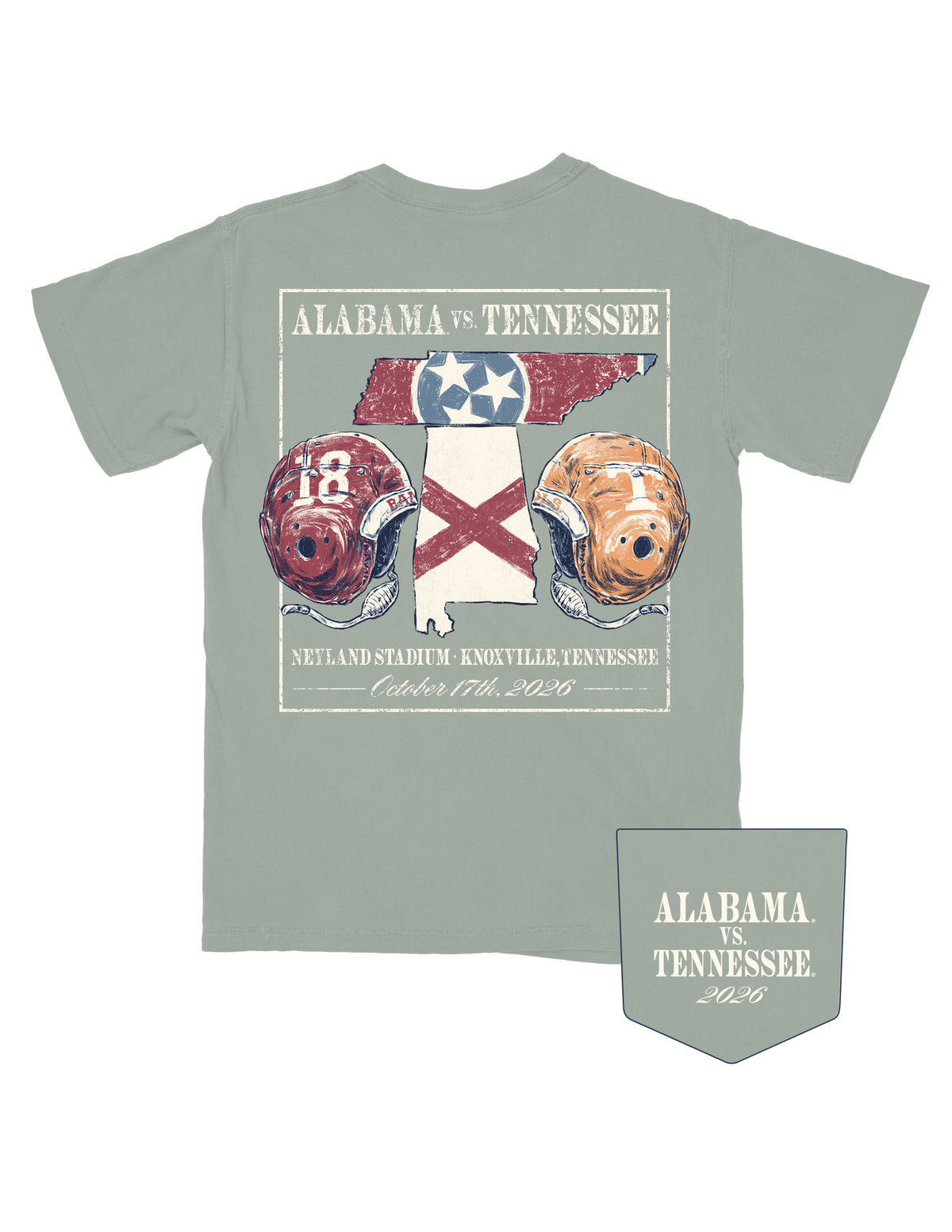 University of Alabama Green T-Shirt with vintage football helmets on opposite sides of Tennessee and Alabama state outlines, and White text “Alabama vs Tennessee” above the image