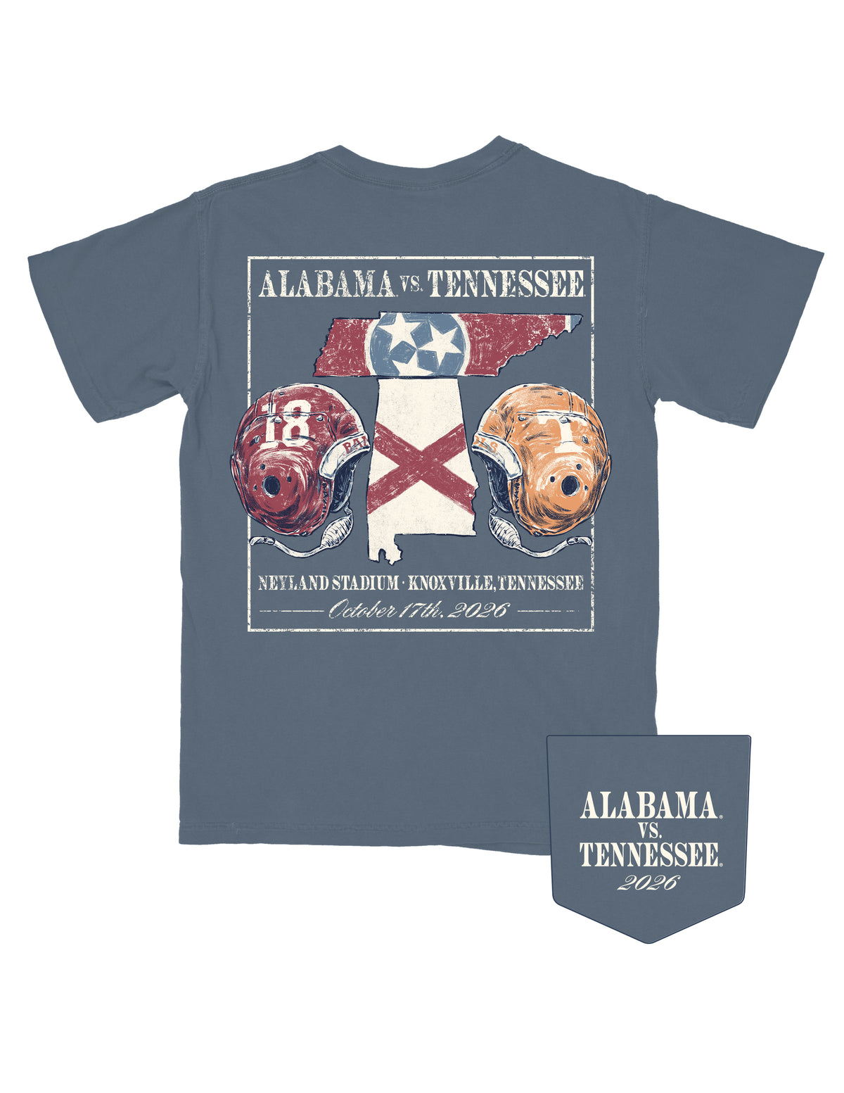 University of Alabama Dark Blue T-Shirt with vintage football helmets on opposite sides of Tennessee and Alabama state outlines, and White text “Alabama vs Tennessee” above the image