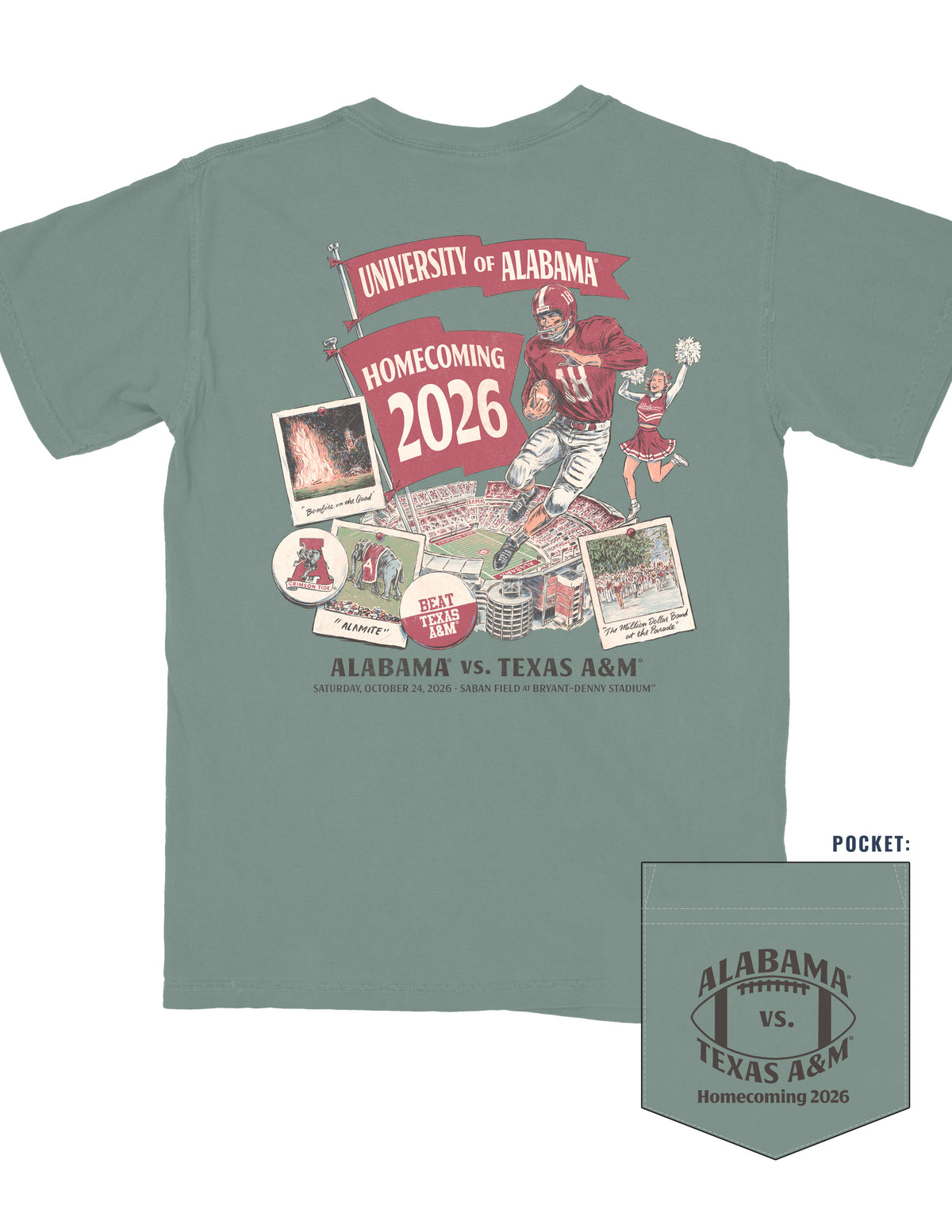 University of Alabama Green T-Shirt with an illustration of a vintage football player and cheerleader and Polaroids over the Bryant-Denny Stadium with flags that read “University of Alabama” and “Homecoming 2026”