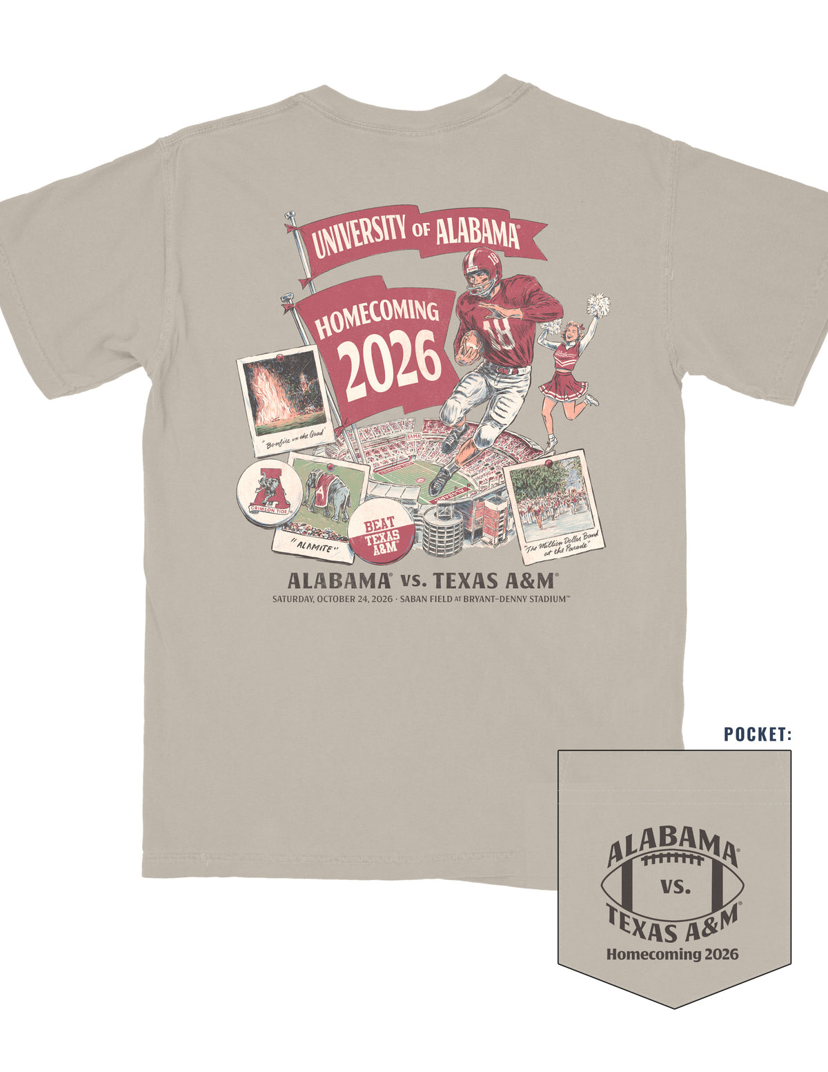 University of Alabama Beige T-Shirt with an illustration of a vintage football player and cheerleader and Polaroids over the Bryant-Denny Stadium with flags that read “University of Alabama” and “Homecoming 2026”