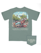 University of Alabama Green T-Shirt with an illustration of Big Al sitting in a lawn chair while a Red tide rushes in behind him