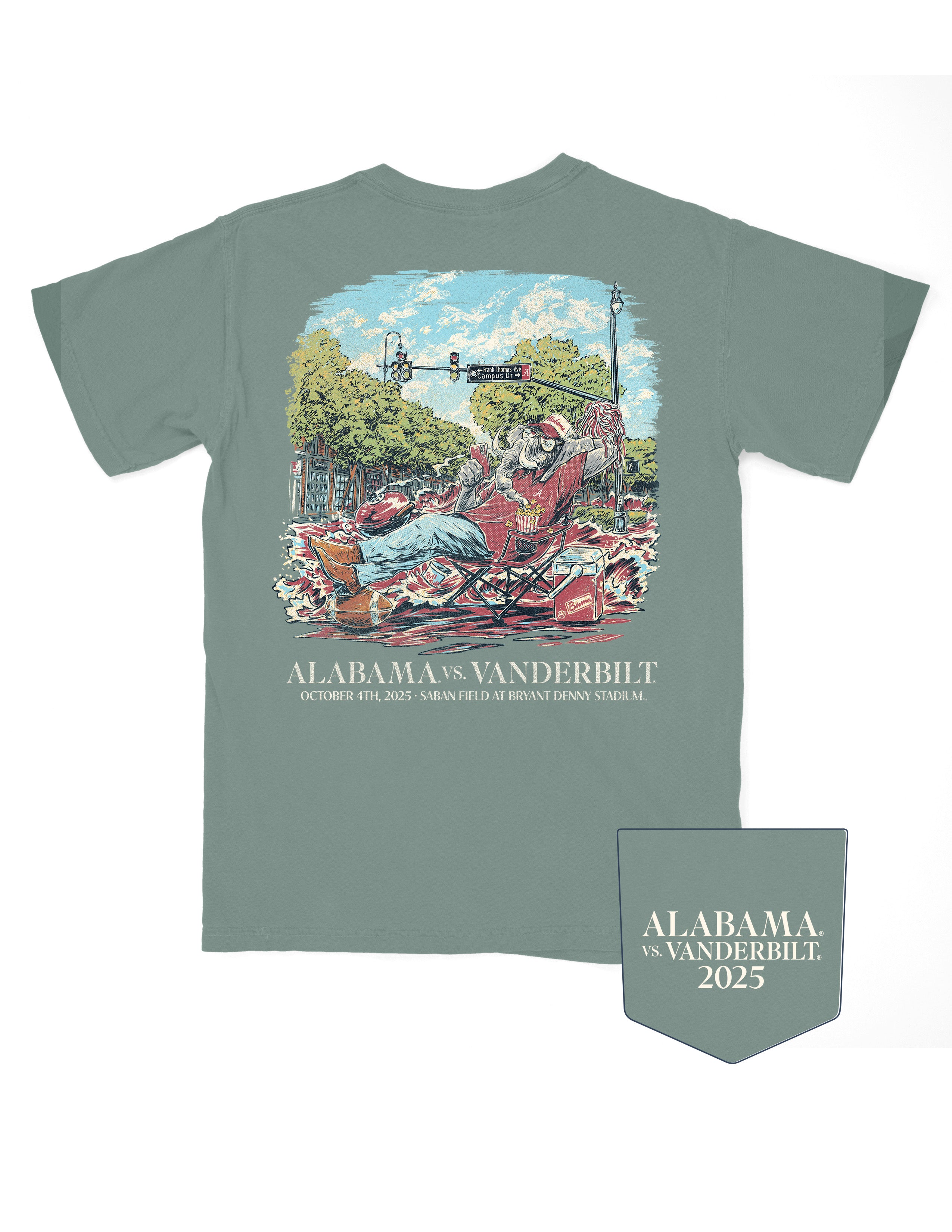 University of Alabama Green T-Shirt with an illustration of Big Al sitting in a lawn chair while a Red tide rushes in behind him