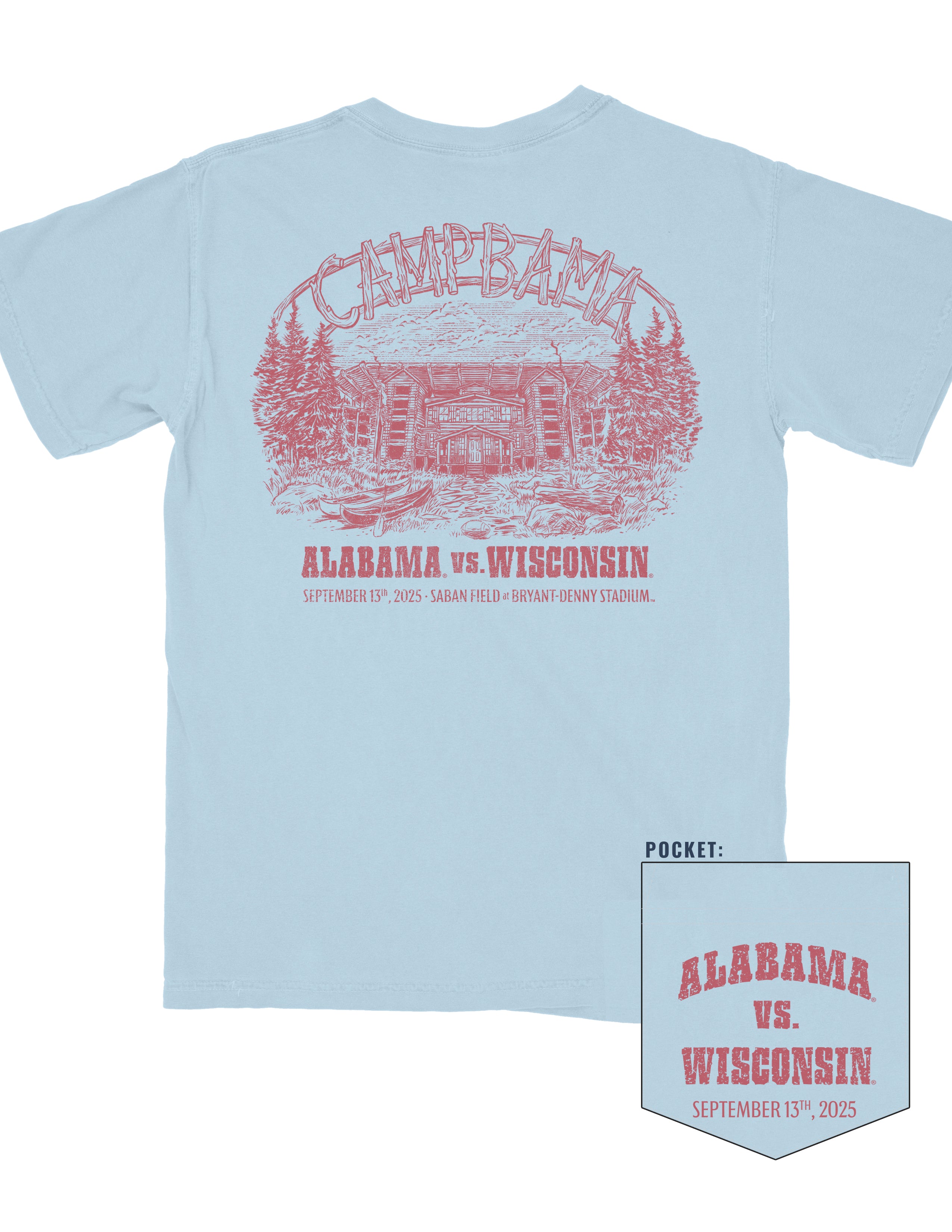 University of Alabama Chambray T-Shirt with an image of a summer camp with sticks spelling “CAMP BAMA”
