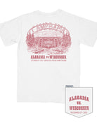 University of Alabama White T-Shirt with an image of a summer camp with sticks spelling “CAMP BAMA”
