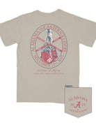 University of Alabama Beige T-Shirt with text “Alabama vs. Eastern Illinois” and “November 22nd, 2025” encircling an illustration of a hand holding a football helmet