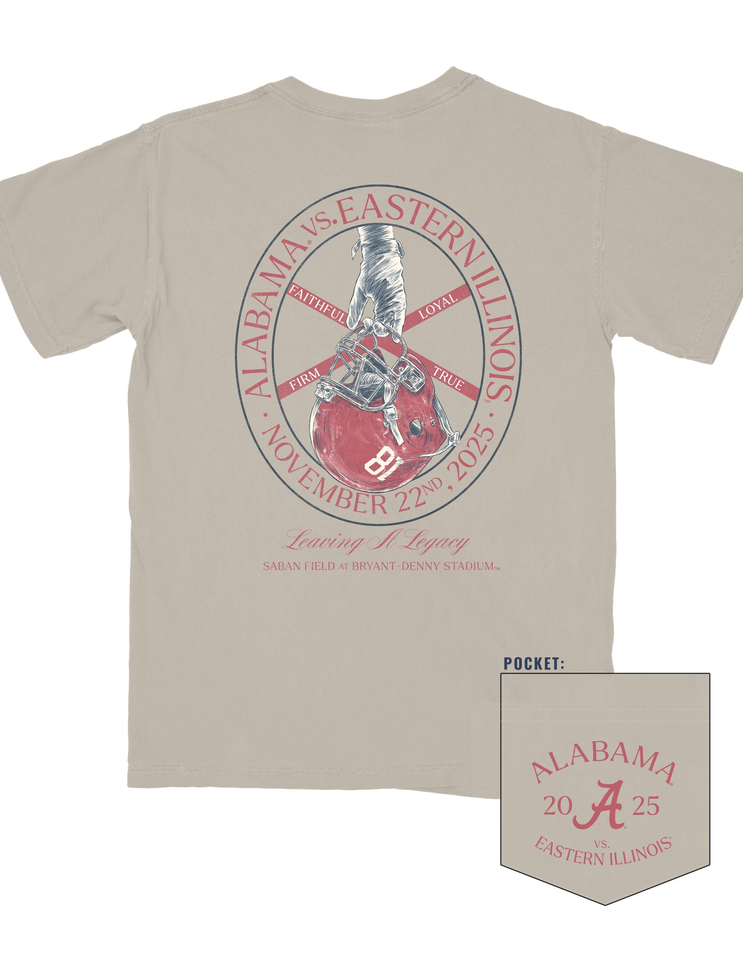 University of Alabama Beige T-Shirt with text “Alabama vs. Eastern Illinois” and “November 22nd, 2025” encircling an illustration of a hand holding a football helmet