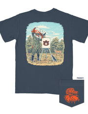 Auburn University Navy T-Shirt with an image of Aubie wearing hunting gear and filling an AU Branded deer feeder
