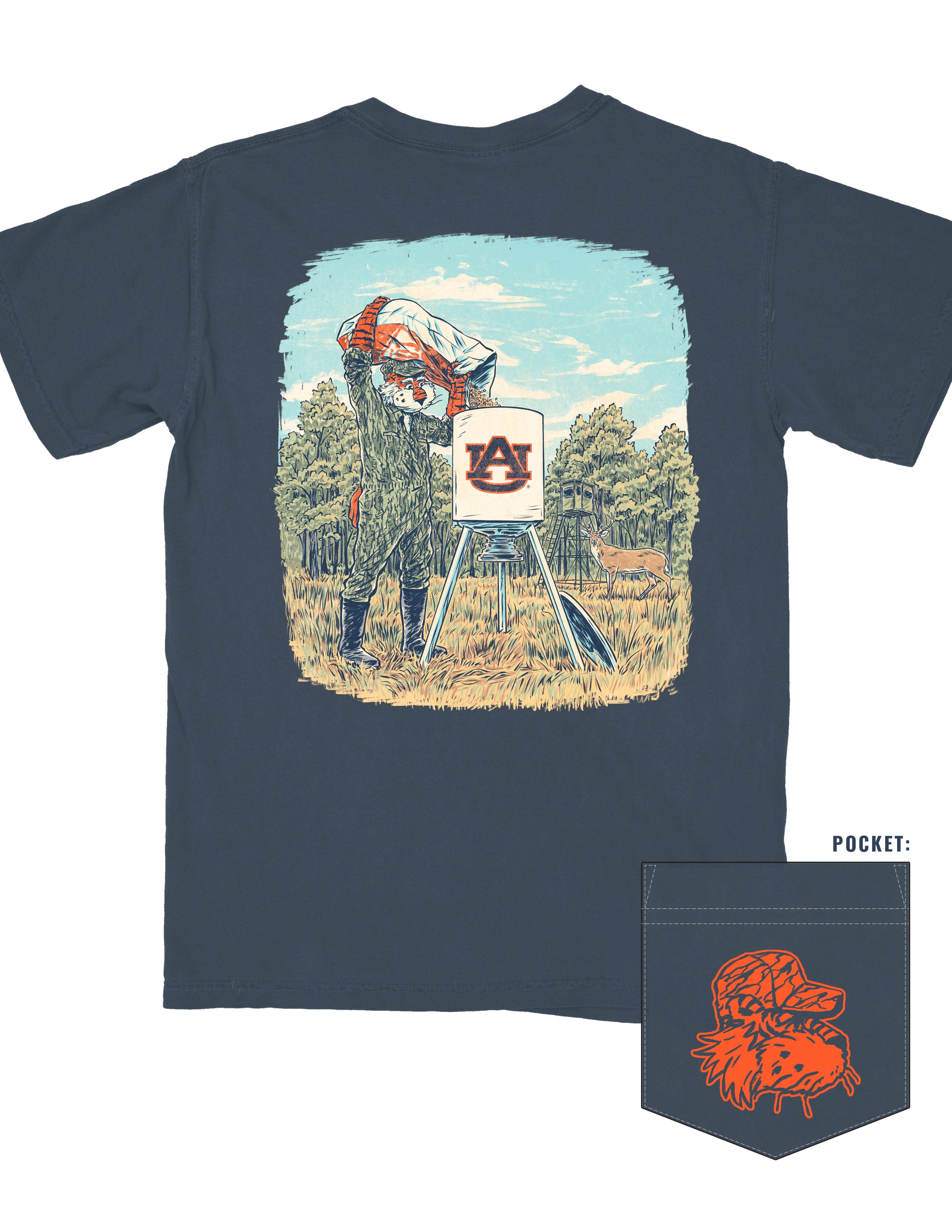 Auburn University Navy T-Shirt with an image of Aubie wearing hunting gear and filling an AU Branded deer feeder
