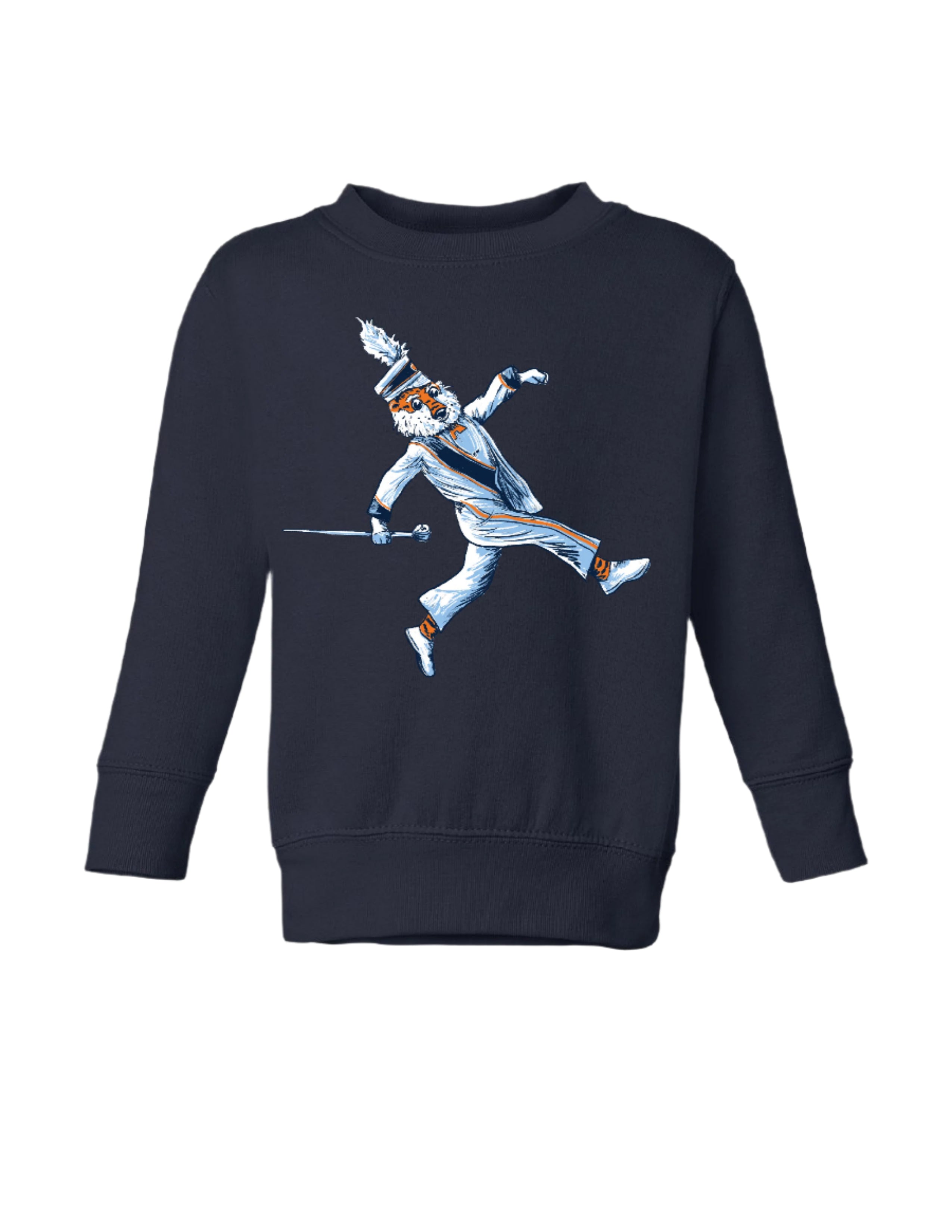 Auburn University Aubie Drum Major  Navy Gildan Sweatshirt (Youth) with an image of Aubie the Tiger wearing a Drum Major's outfit and marching with the baton