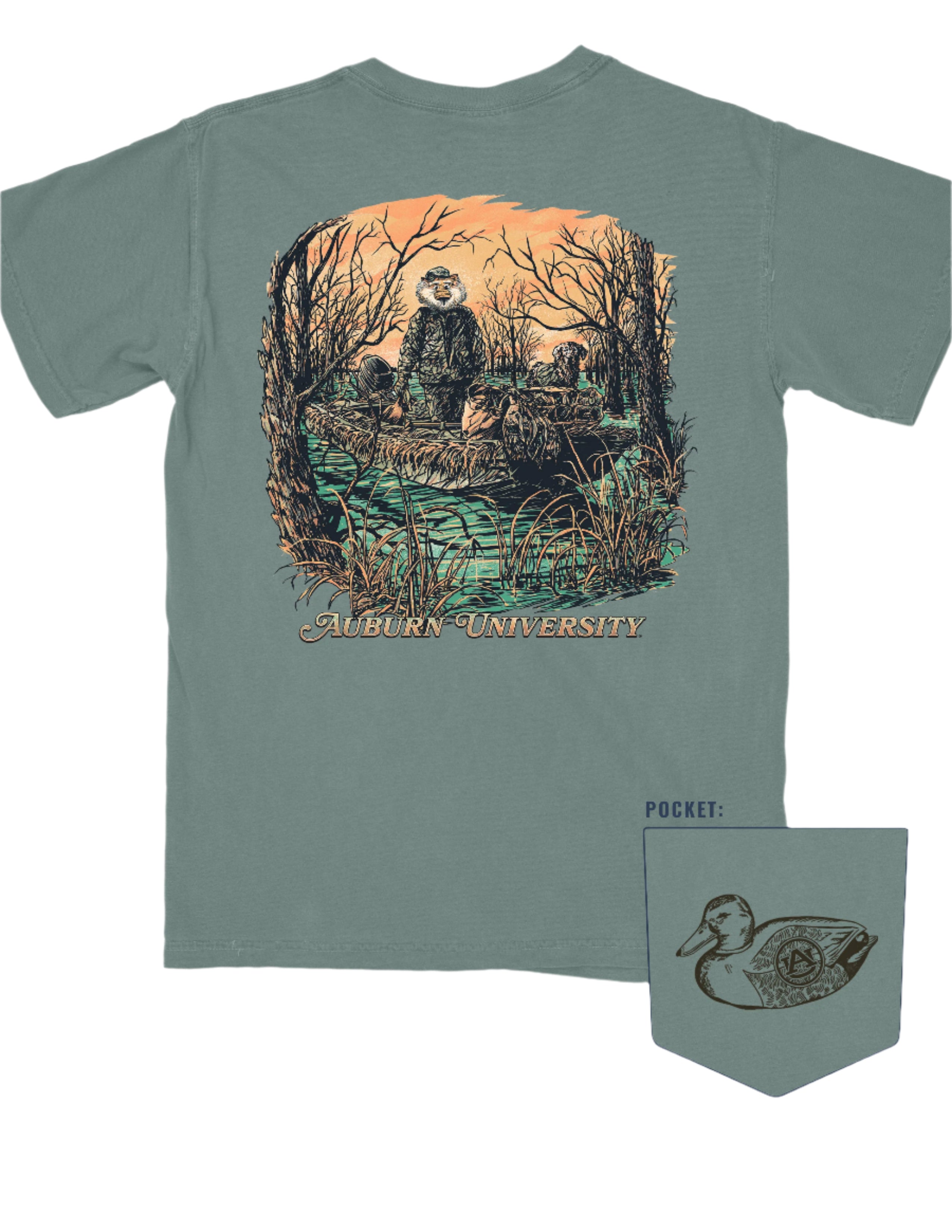 Auburn University Aubie Duck Hunt Blue Spruce Comfort Colors T-Shirt with an image of Aubie the Tiger wearing hunting gear with a dog in a boat in the swamp 