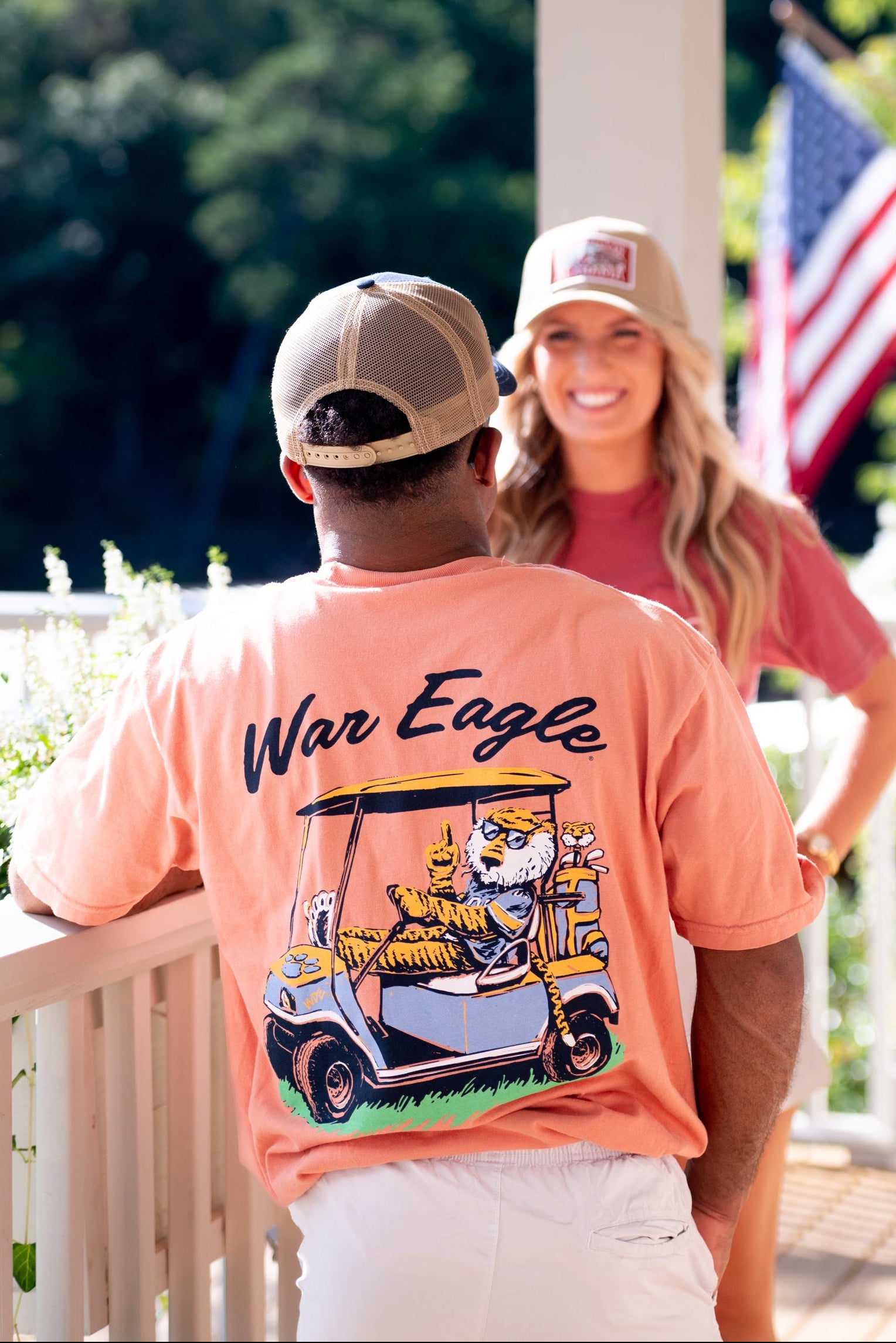 Auburn University Aubie Golf Cart Terracotta Comfort Colors T-Shirt  with the text "War Eagle" above an image of Aubie the Tiger wearing sunglasses and driving a golf cart