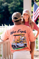 Auburn University Aubie Golf Cart Terracotta Comfort Colors T-Shirt  with the text "War Eagle" above an image of Aubie the Tiger wearing sunglasses and driving a golf cart