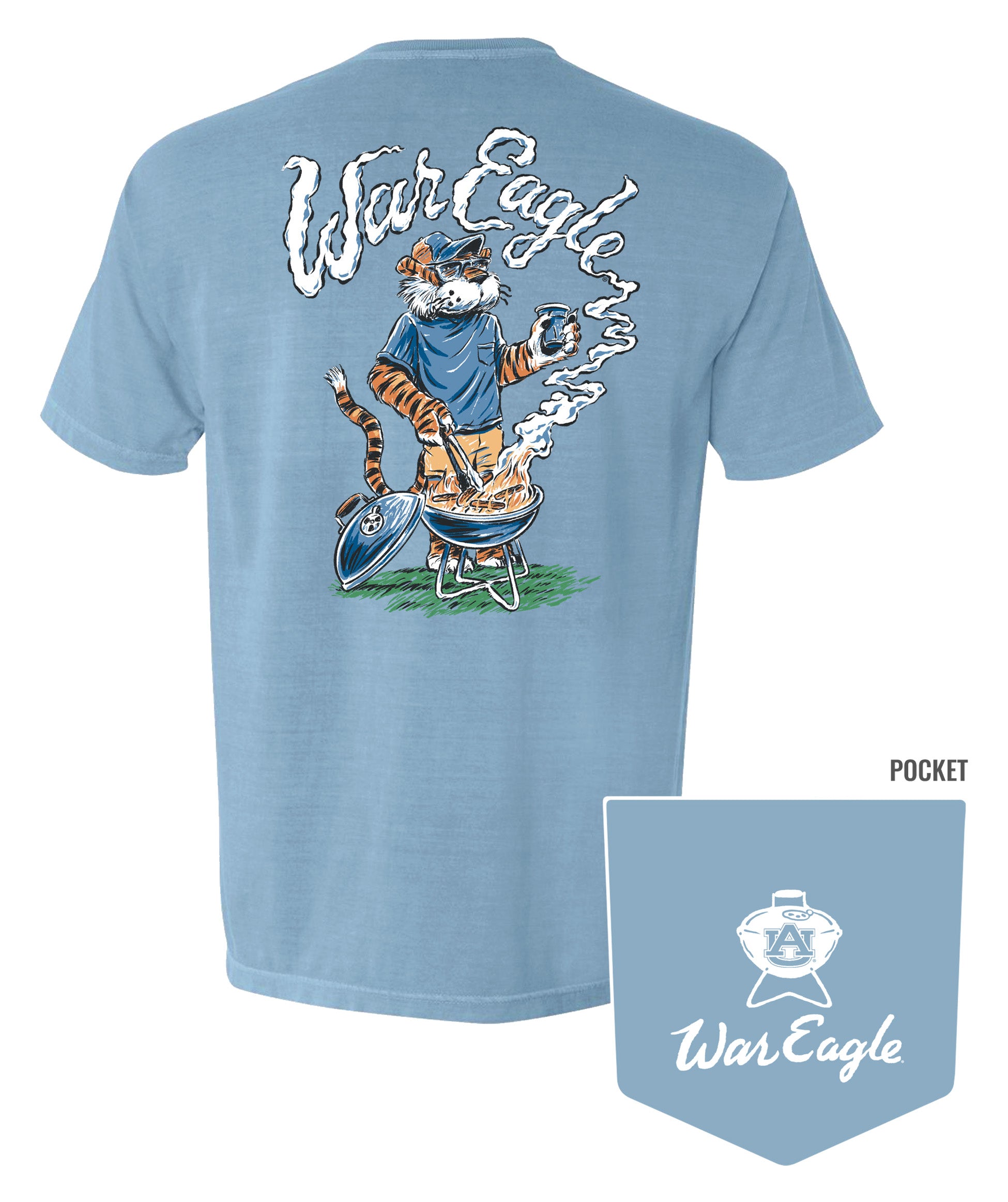 Auburn University Blue T-Shirt with a drawing of Aubie grilling and the words “War Eagle” written in the smoke
