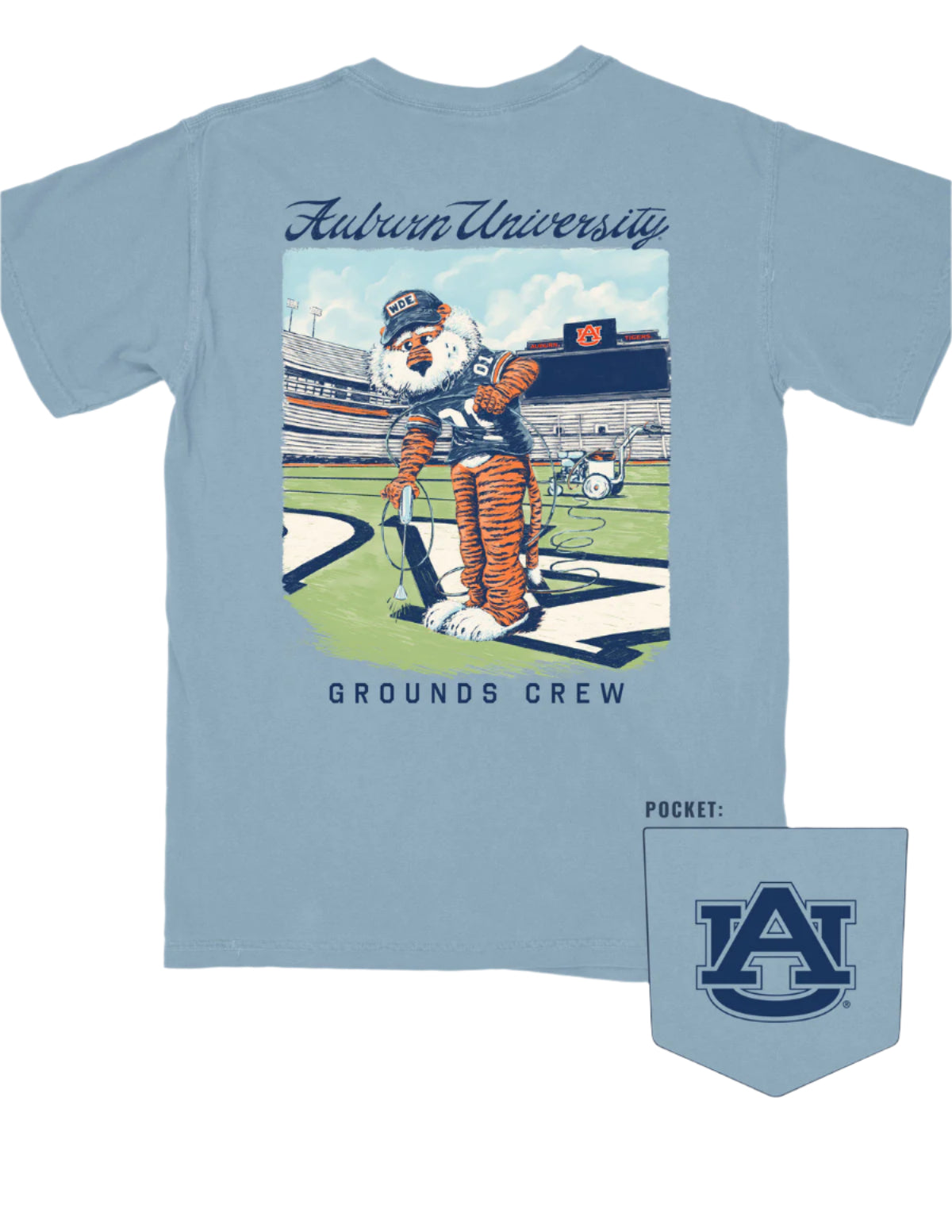 Auburn University Aubie Grounds Crew Ice Blue Comfort Colors T-Shirt with an image of Aubie the Tiger wearing a hat and painting the turf on the football field