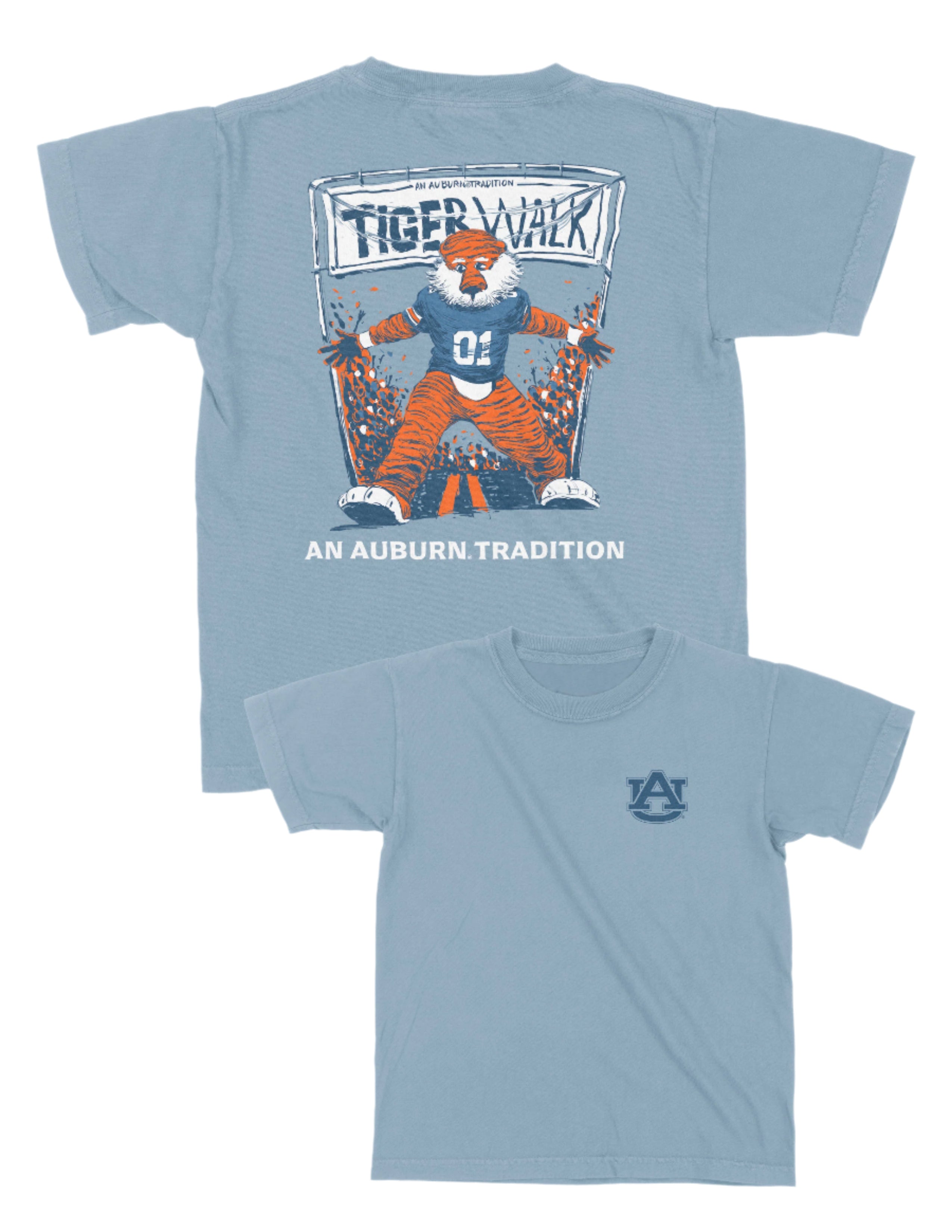 Auburn University Aubie Tiger Walk Ice Blue Gildan Youth Tee with an image of Aubie the Tiger leading a parade under a banner with the text "Tiger Walk"