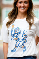 Auburn University Aubie Vintage Baseball Ivory SoftShirts T-Shirt with an image of a vintage Aubie in a baseball uniform holding a baseball bat  