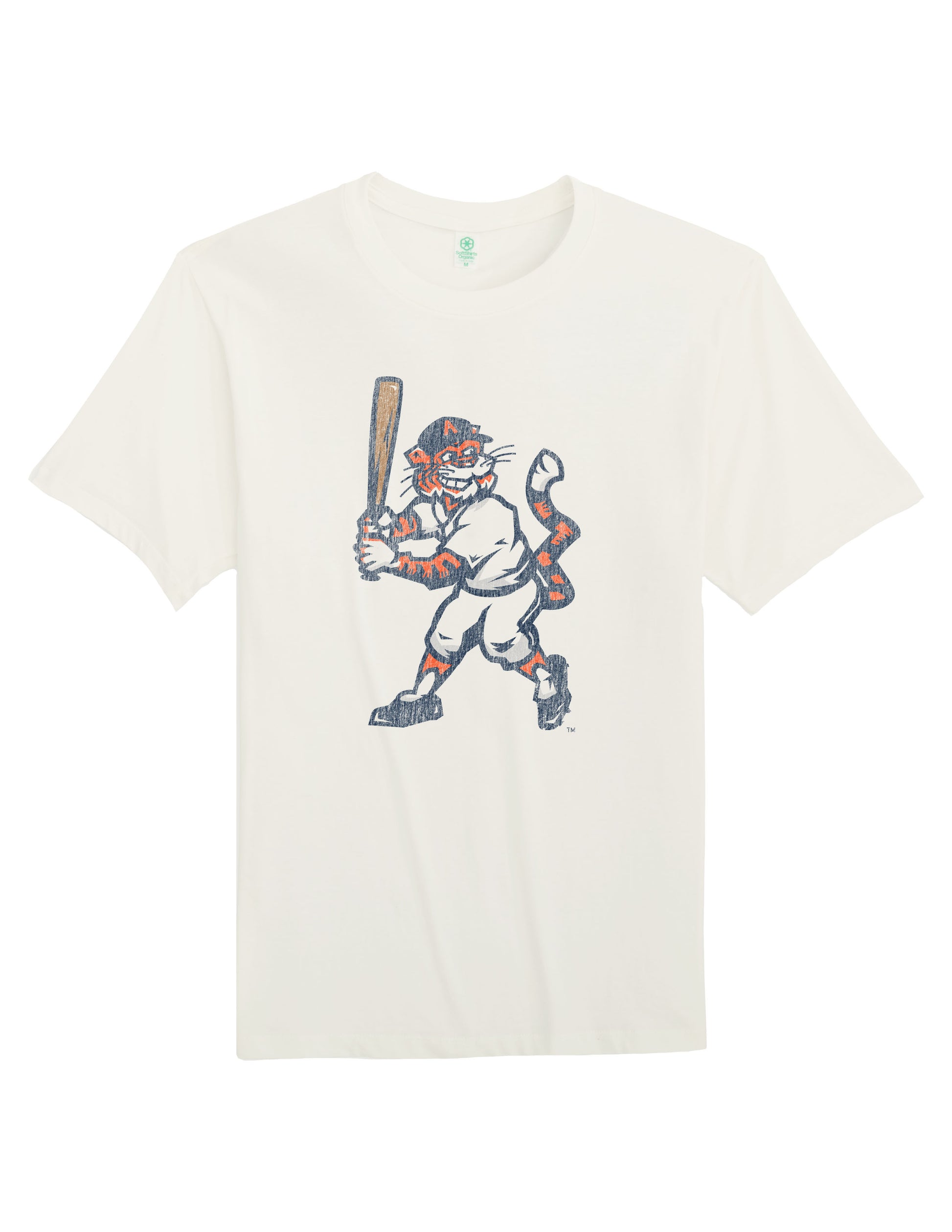 Auburn University Aubie Vintage Baseball Ivory  SoftShirts T-Shirt with an image of a vintage Aubie in a baseball uniform holding a baseball bat  