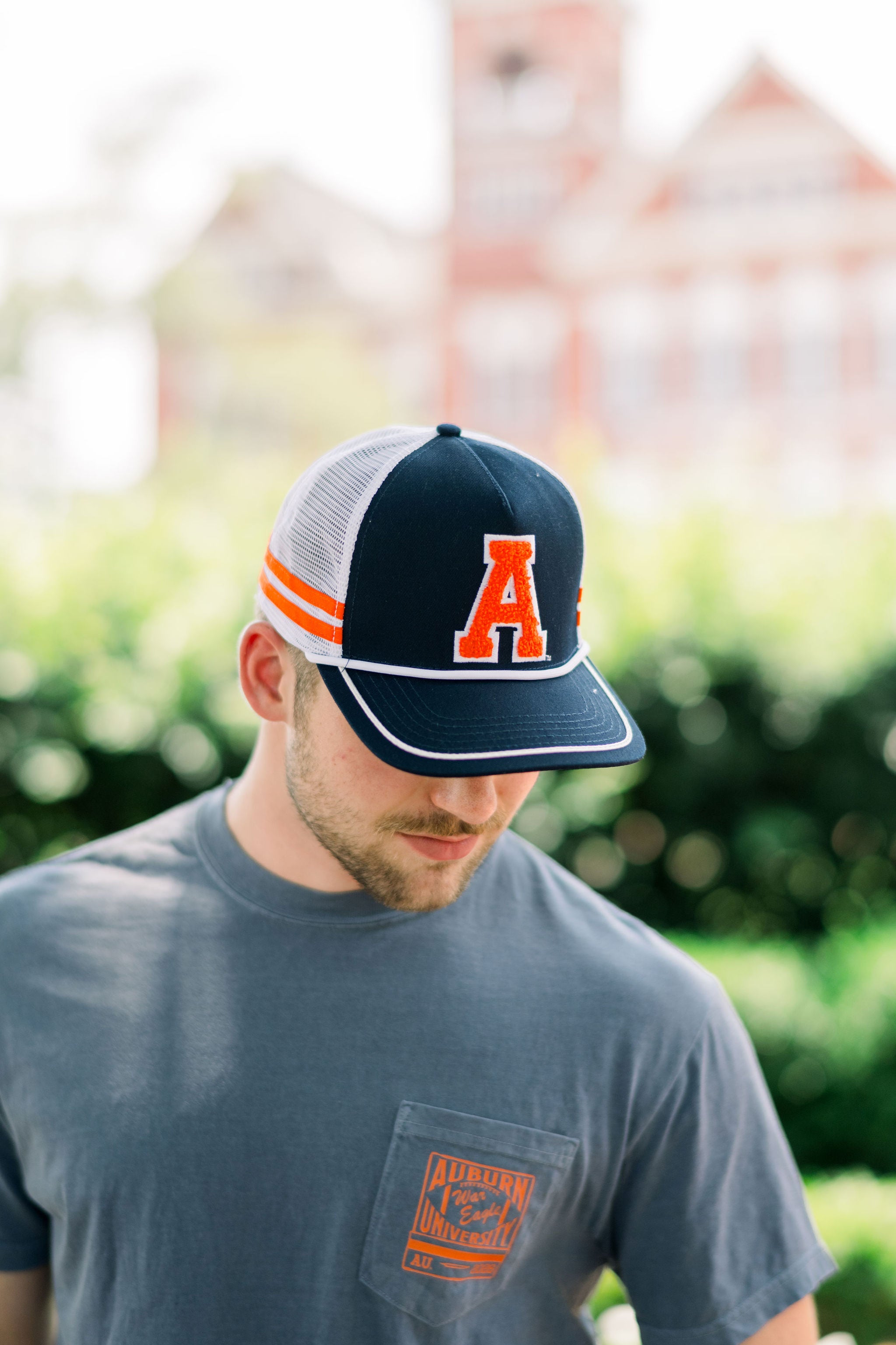 Auburn University Navy and White Trucker hat with Orange stripes and a felt Orange Block A patch.