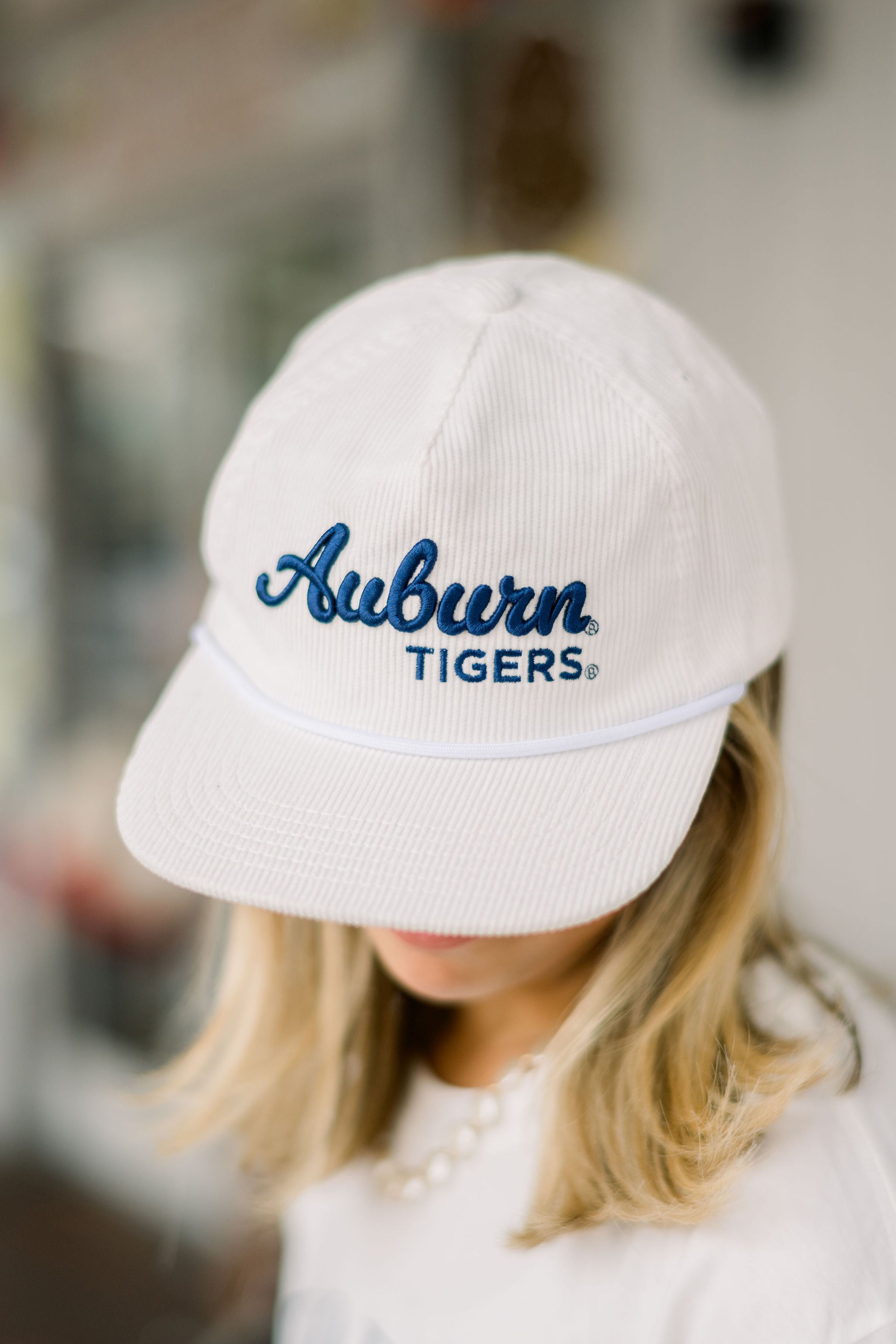 Auburn University White Hat with Navy script “Auburn Tigers”