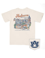 Auburn University Ivory T-Shirt with text “Auburn University” above an illustration of a tiger prowling in front of a collage of auburn icons such as Sanford Hall, Jordan Hare Stadium, and Tiger Walk