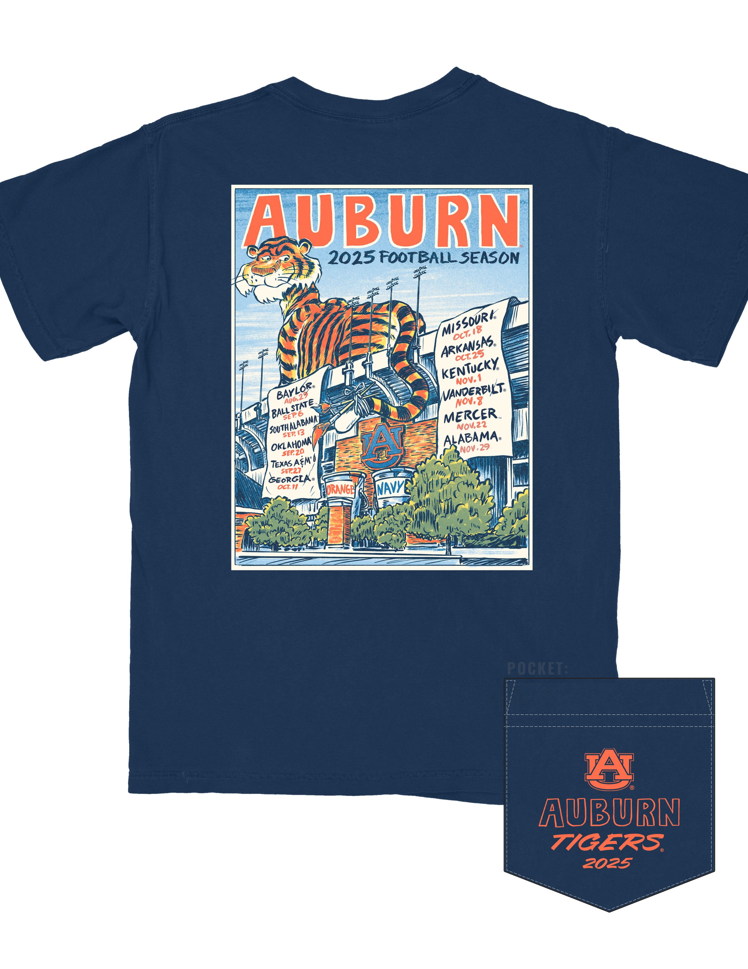 Auburn University Navy T-Shirt with an image of Aubie laying on the stadium and painting the Auburn football schedule on two banners