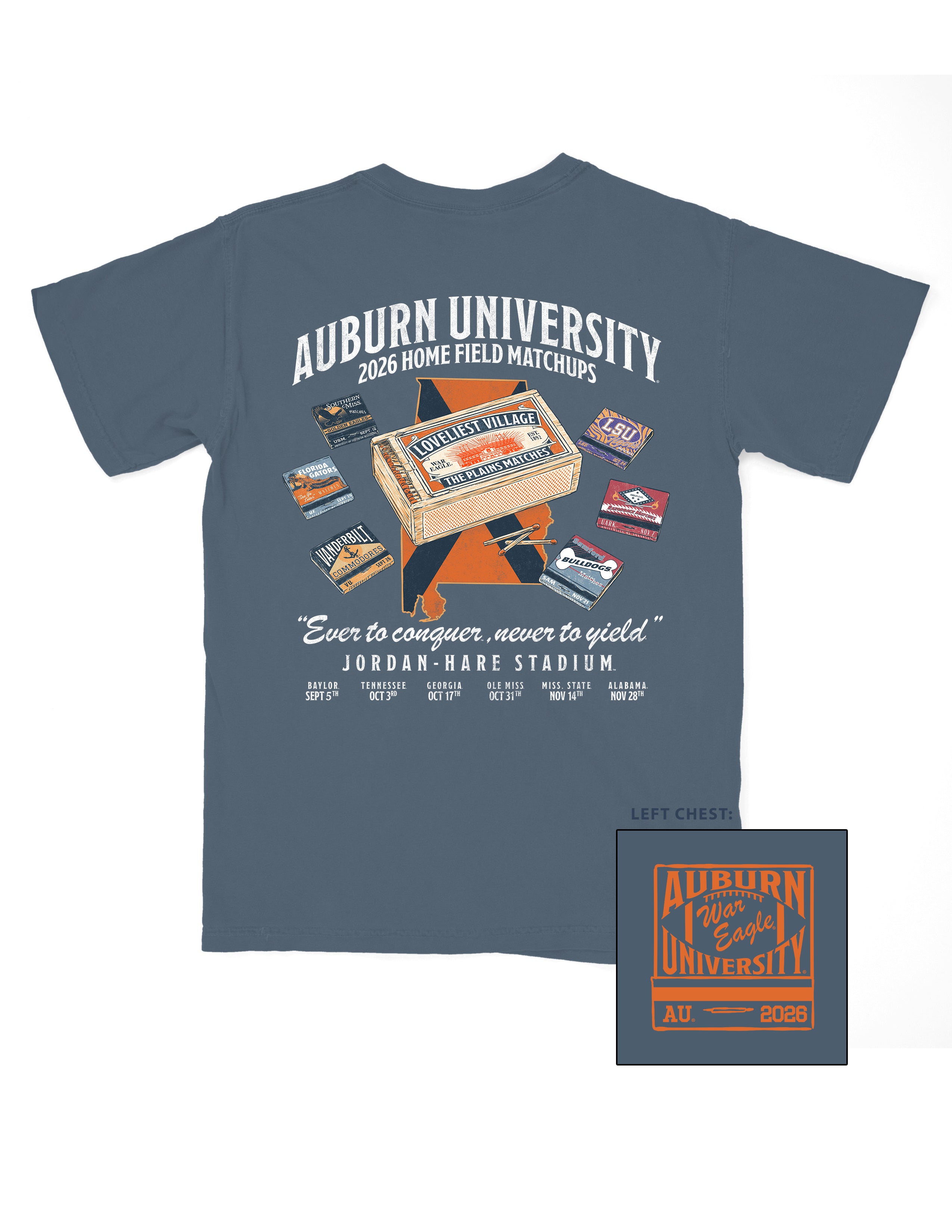Auburn University Dusty Navy T-Shirt with White Text “2026 Home Field Matchups,” and illustrations of matchbooks. One large “The Plains” matchbook is surrounded by matchbooks from (listed left to right): Southern Miss, Florida Gators, Vanderbilt, Samford, Razorback, and LSU