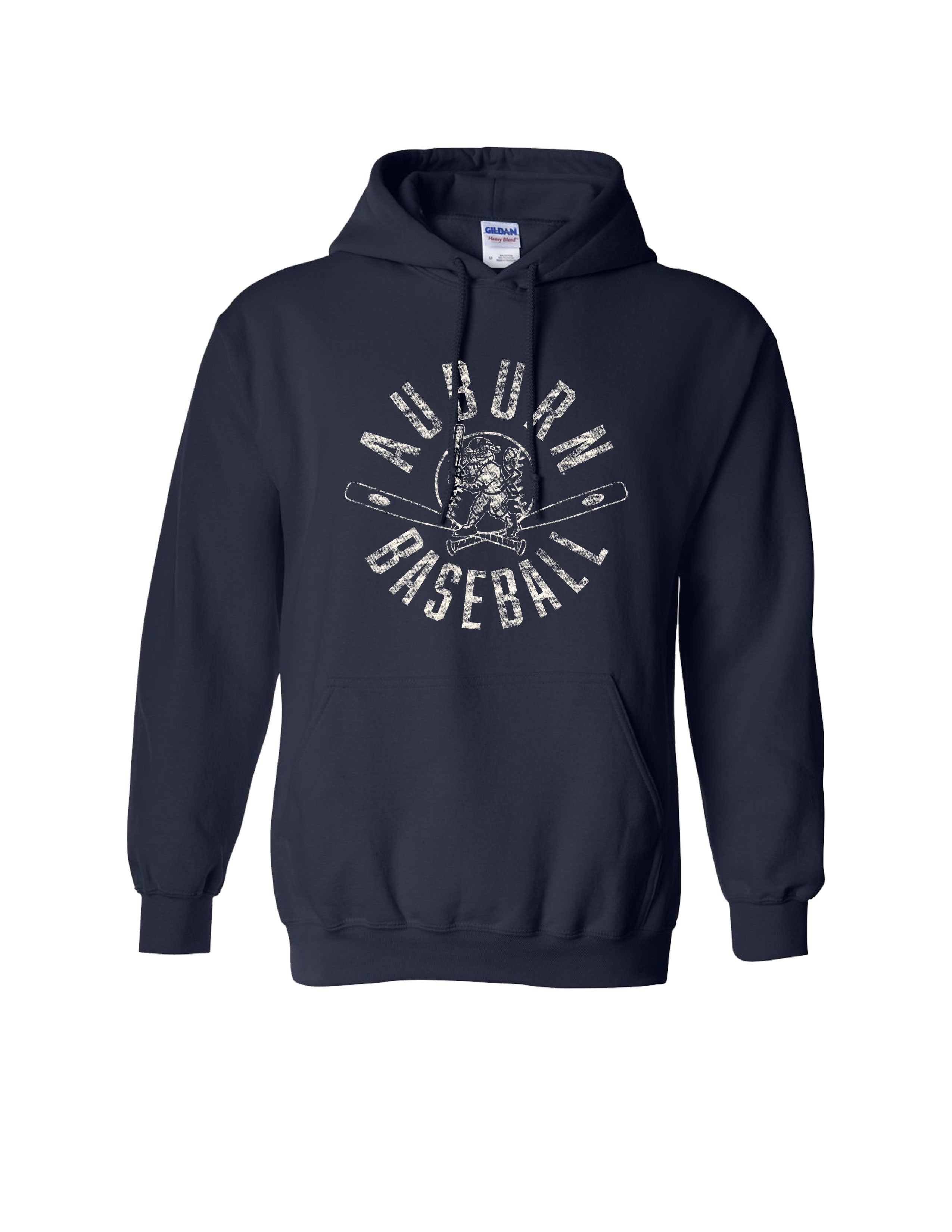 Auburn University Distressed Navy Hoodie with a White Baseball featuring the Original Aubie Baseball logo over crossed baseball bats, surrounded by White text “Auburn Baseball”