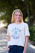 Auburn University Distressed Ivory with a Blue Baseball featuring the Original Aubie Baseball logo over crossed baseball bats, surrounded by Blue text “Auburn Baseball”