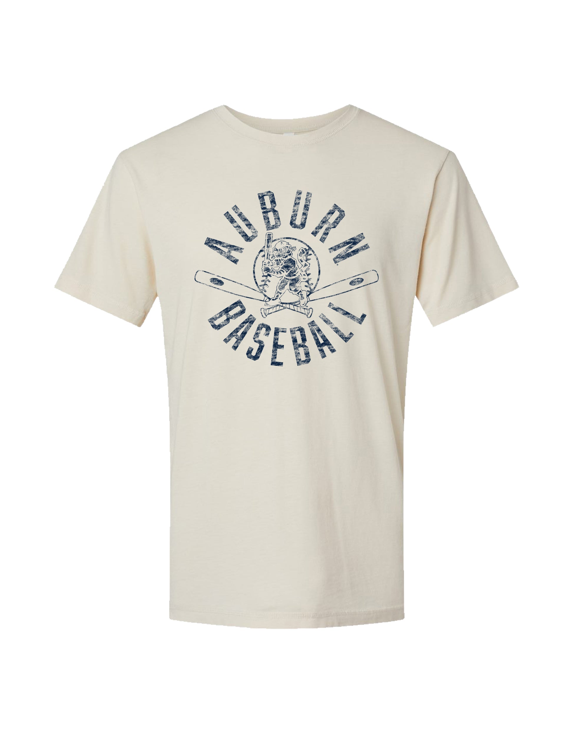 Auburn University Distressed Ivory with a Blue Baseball featuring the Original Aubie Baseball logo over crossed baseball bats, surrounded by Blue text “Auburn Baseball”