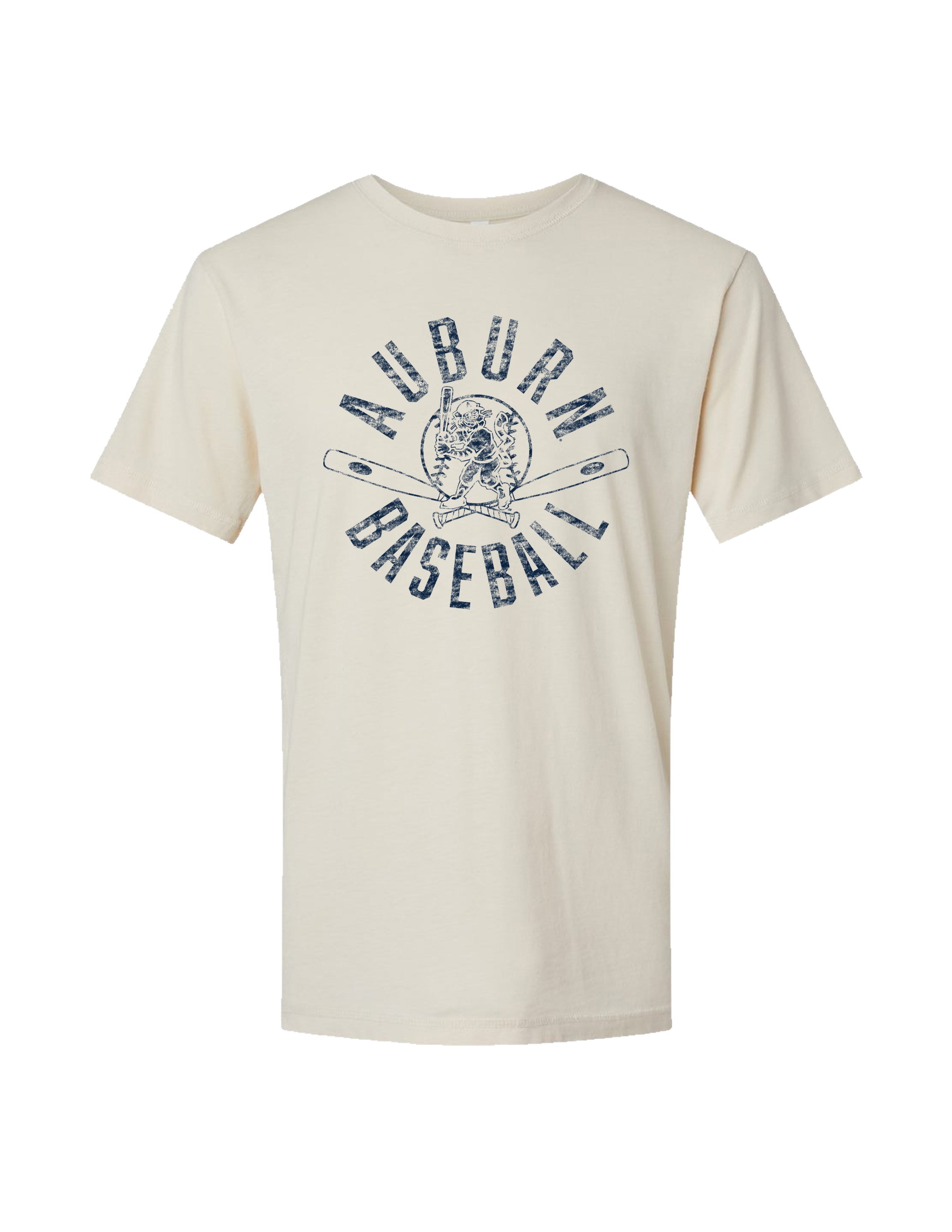 Auburn University Distressed Ivory with a Blue Baseball featuring the Original Aubie Baseball logo over crossed baseball bats, surrounded by Blue text “Auburn Baseball”