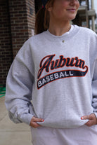 Auburn University Auburn Baseball Grey Gildan Crewneck with Navy script "Auburn" and white text "BASEBALL" inside of the script tail