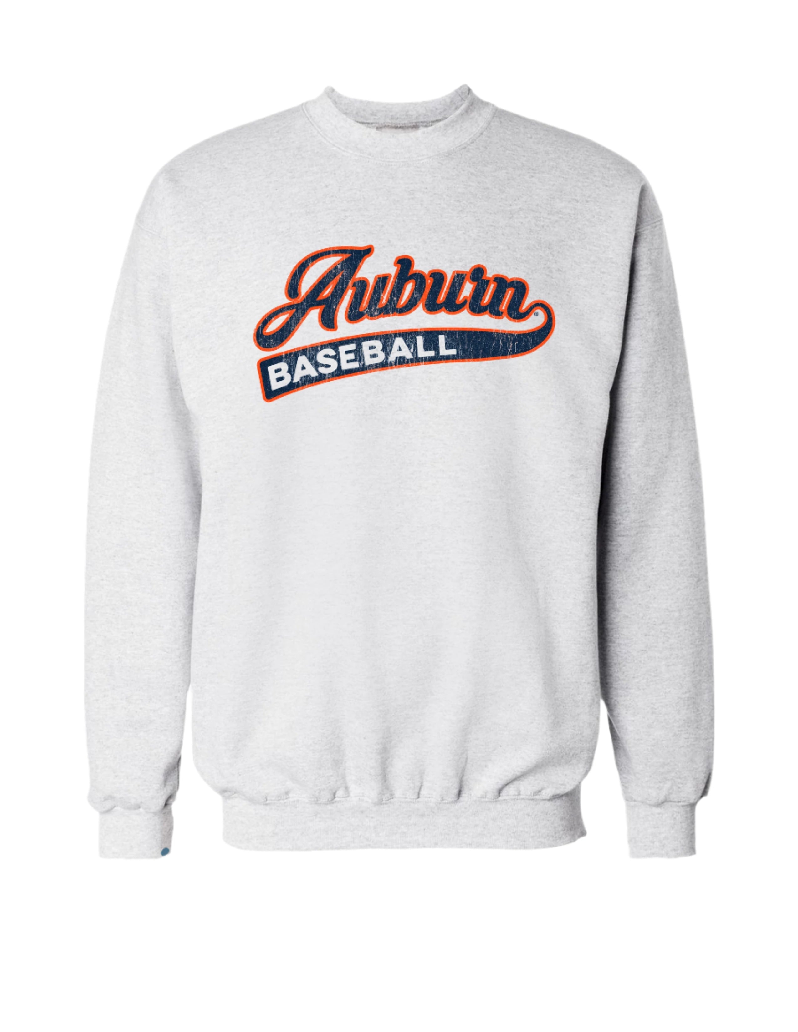 Auburn University Auburn Baseball Grey Gildan Crewneck with Navy script "Auburn" and white text "BASEBALL" inside of the script tail