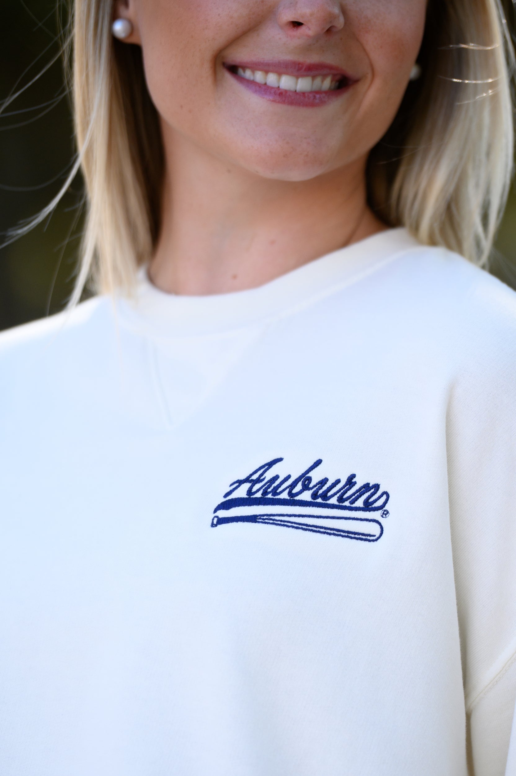 Auburn University Cream Sweatshirt with Navy “Auburn” script and baseball bat embroidery