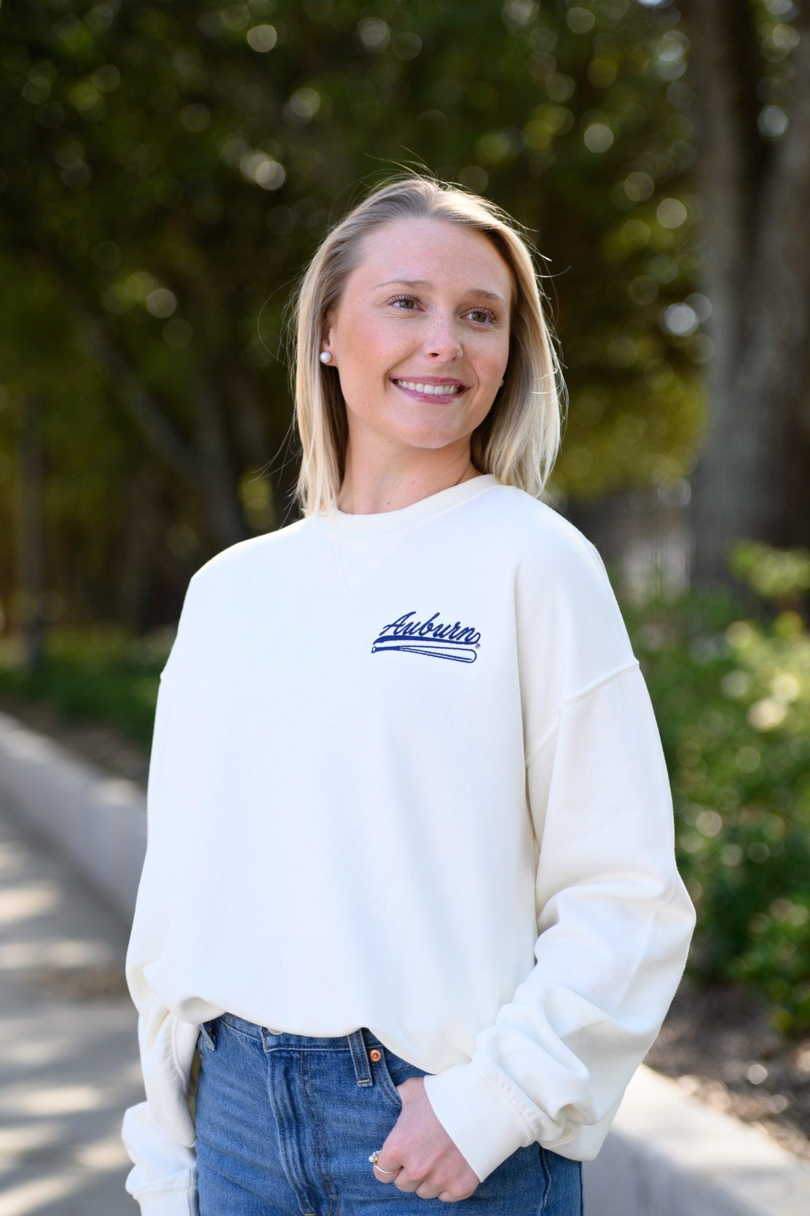 Auburn University Cream Sweatshirt with Navy “Auburn” script and baseball bat embroidery